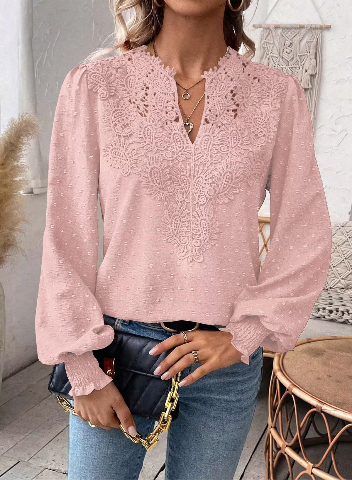 Elegancka Koszulka Damska Długim Rękawem Koszulki Dekoltem W Serek Jesień Boho Casual Falbany Koszula Odzież Top