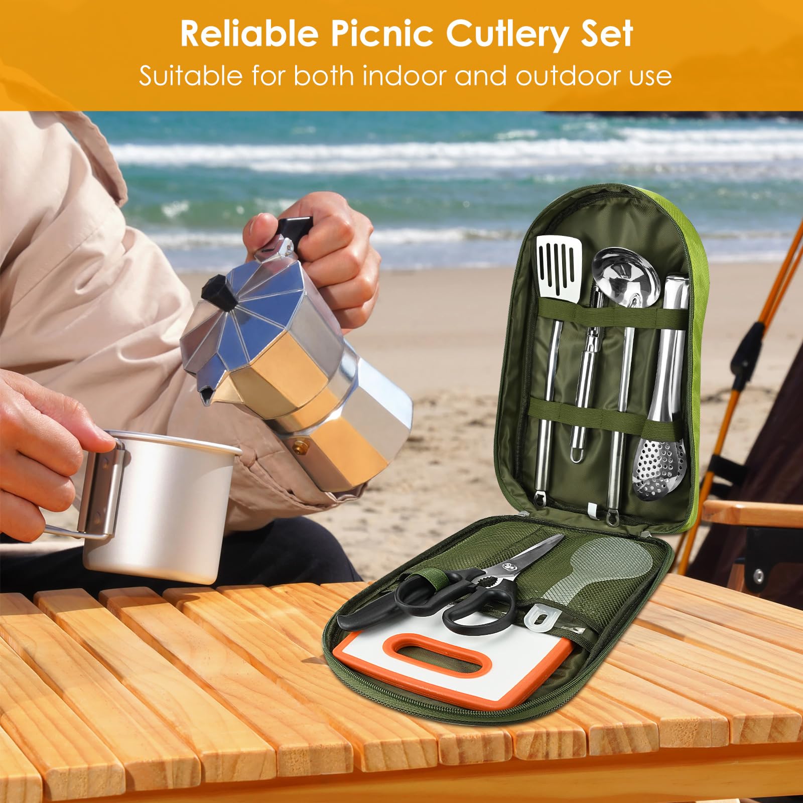 Set da cucina da campeggio,8pz,utensili da cucina portatili per esterni,set di posate da cucina con posate multifunzione in acciaio inossidabile e custodia impermeabile. Adatto per viaggi,