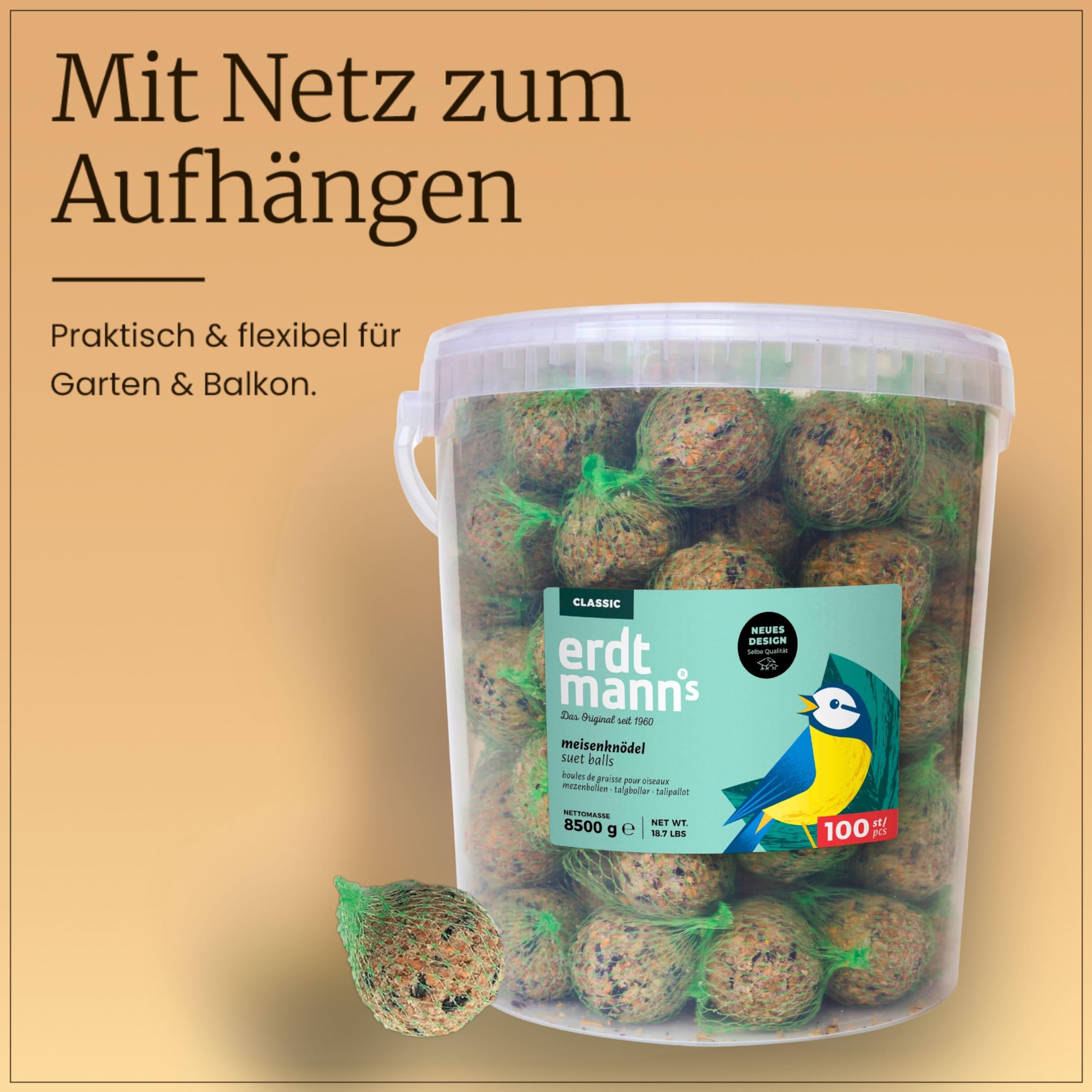 Erdtmanns Meisenknödel mit Netz 100 Stück im Eimer – Wildvogelfutter mit Getreideflocken & Sonnenblumenkernen – für Ganzjahresfütterung – geeignet für Meisen & Co. – wiederverwendbar