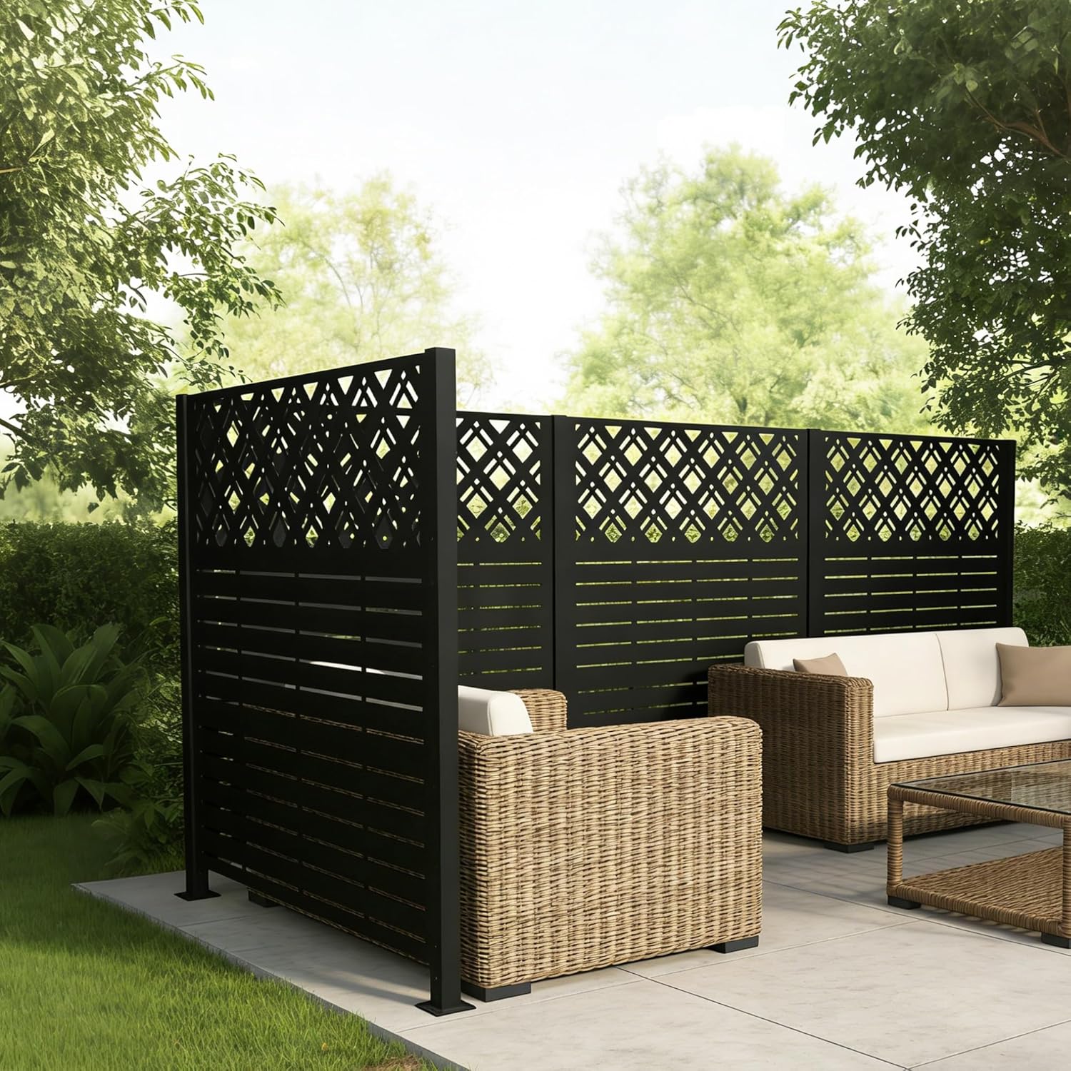 Metal Privacy Screen (2 Panels, 48''W X 47.3''H) - Outdoor Enclosure for AC Unit, Trash Can, Pool Equipment, Rhombus Black