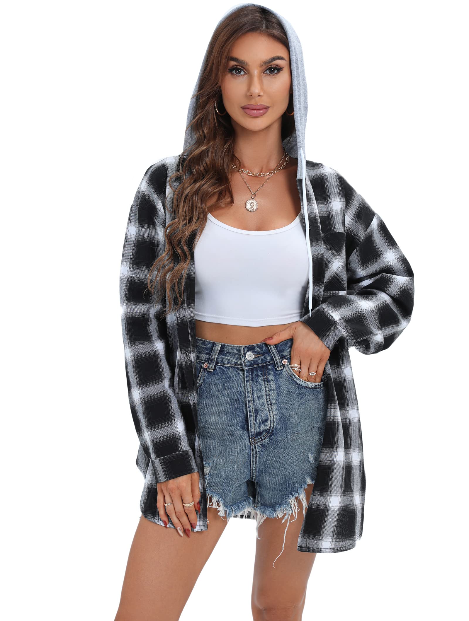 Women's Plaid Flannel Shirts Hoodie Long Sleeve Oversized Shirt Jacket Button Down Blouse Tops