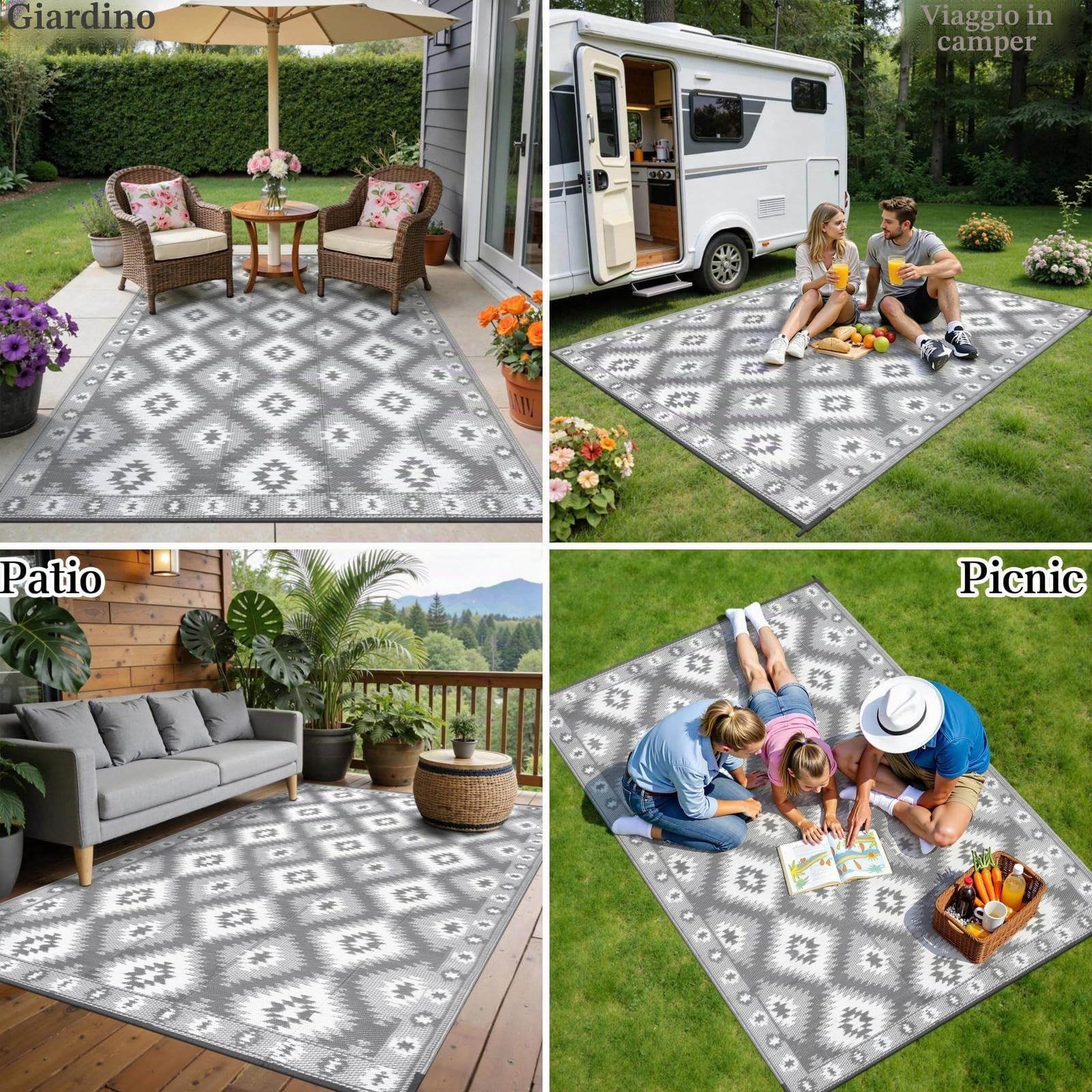 SHACOS Tappeto per Esterni Grande 180x270 cm Grigio Reversibile resistente alle intemperie UV Plastica Campeggio Balcone Terrazza Spiaggia