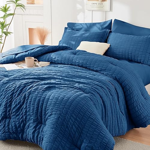 HYMOKEGE Teal California King Comforter Set Seersucker 7 Pieces, All Season Luxury Bed in a Bag for Bedroom, Bedding Set with Comforters, Sheets, Pillowcases & Shams