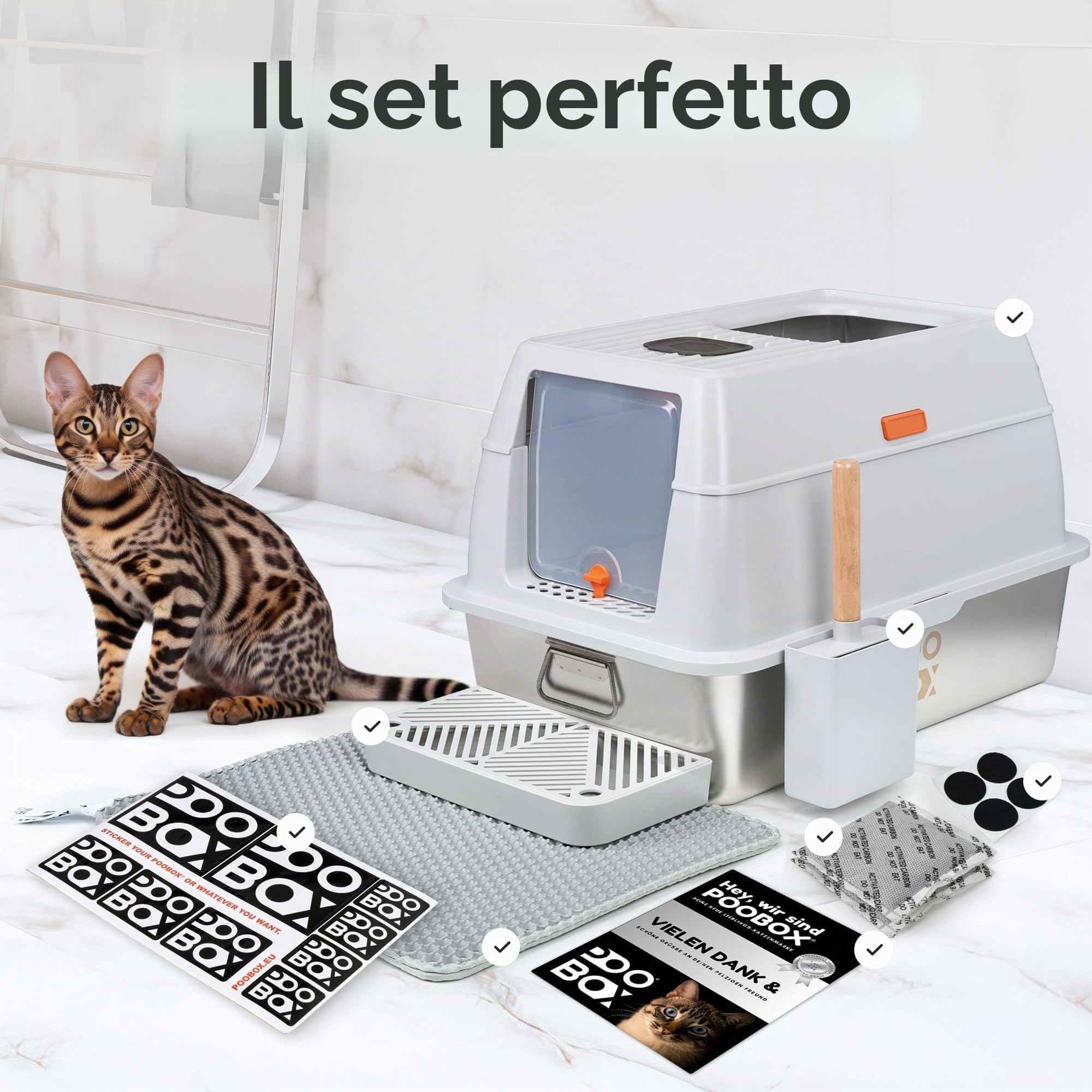 Lettiera per gatti in acciaio inox con coperchio a tenuta stagna, 3 in 1, chiusa, aperta, con filtro antiodore, tappetino e gradino, in acciaio inox, per gatti