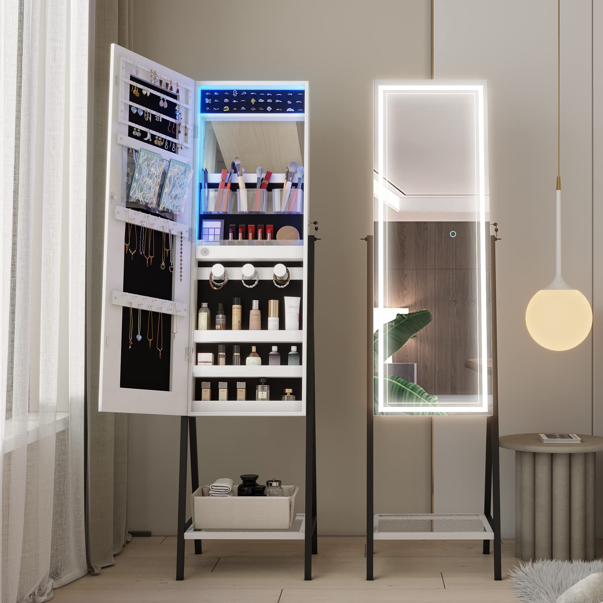 Vlsrka Led Lights Jewelry Cabinet with Full Length Mirror, Free Standing Jewelry Armoire Organizer with Shelves, Large Capacity Lockable Storage Cabinet (White)