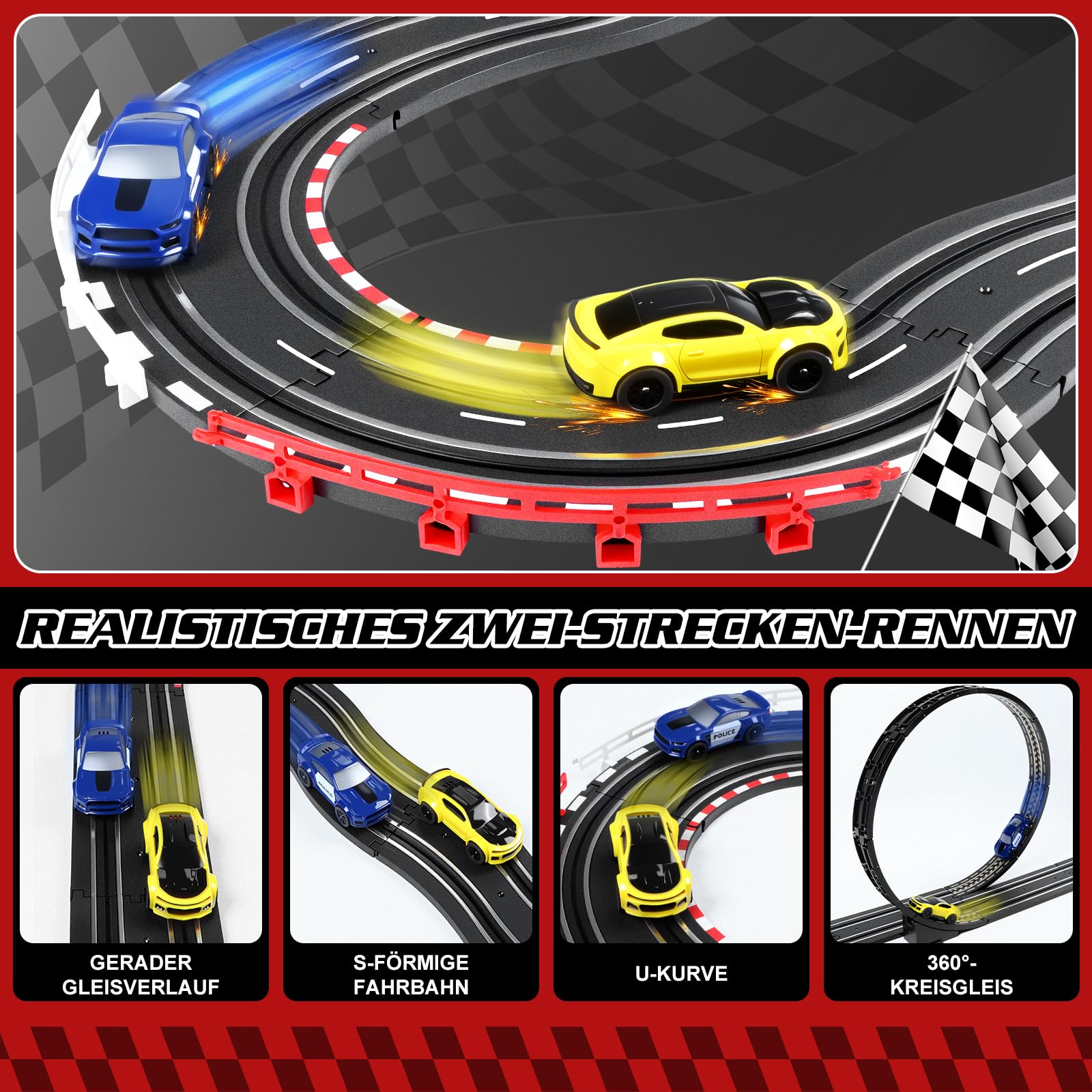 YOOHBERRYS Autorennbahn Elektrisch Rennbahn Kinder 1:64-Rundenzähler 308CM | USB Elektrische Rennstrecke-2 Slotcars, 360°-Looping, Rennstrecke Auto Spielzeug Geschenke Mädchen Jungen 3 4 6-12 Jahren