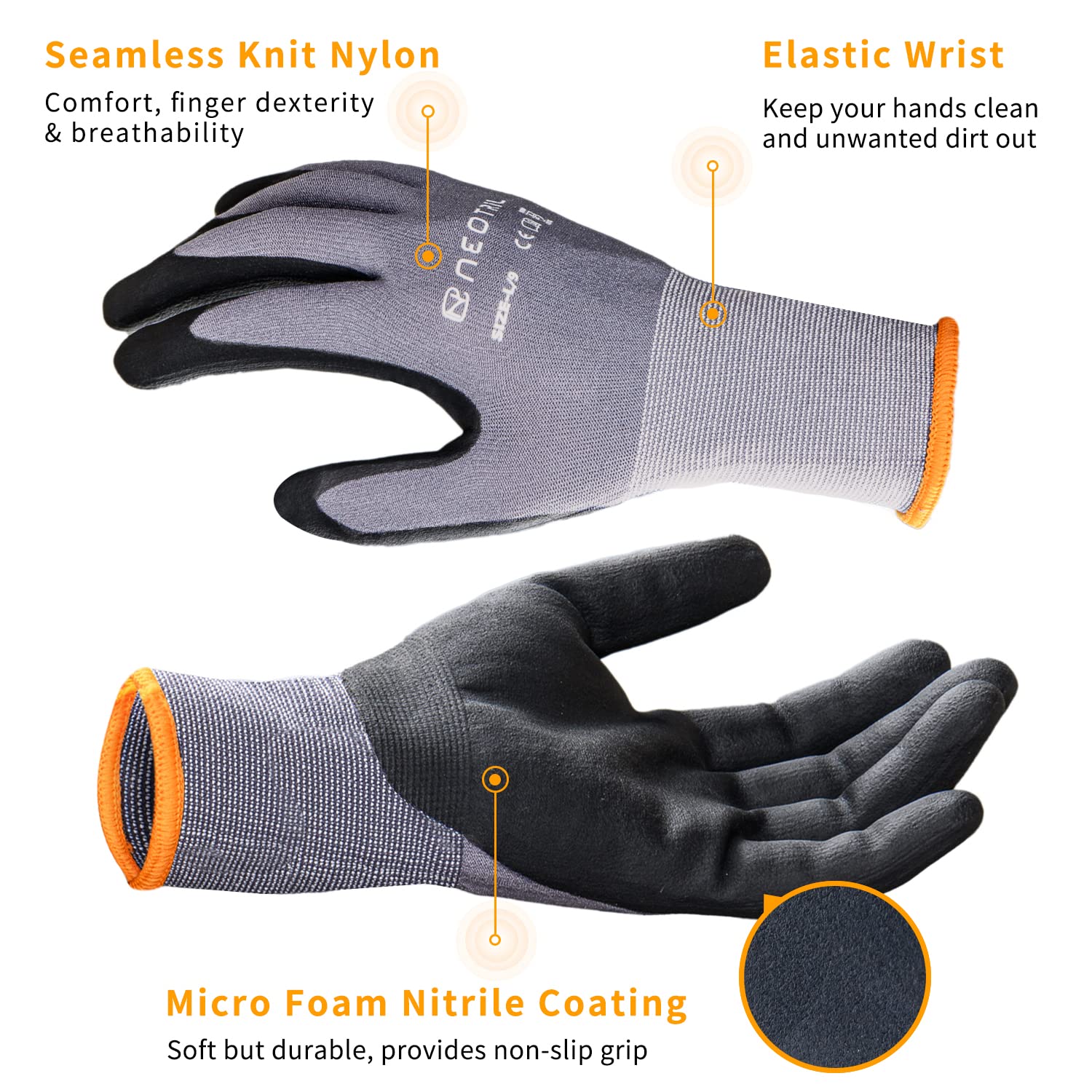NEOTRIL - Guantes de trabajo de seguridad de microespuma con revestimiento de nitrilo sin costuras, guantes de trabajo ligeros de nylon de punto con mango para hombre y mujer (gris, 36 pares)