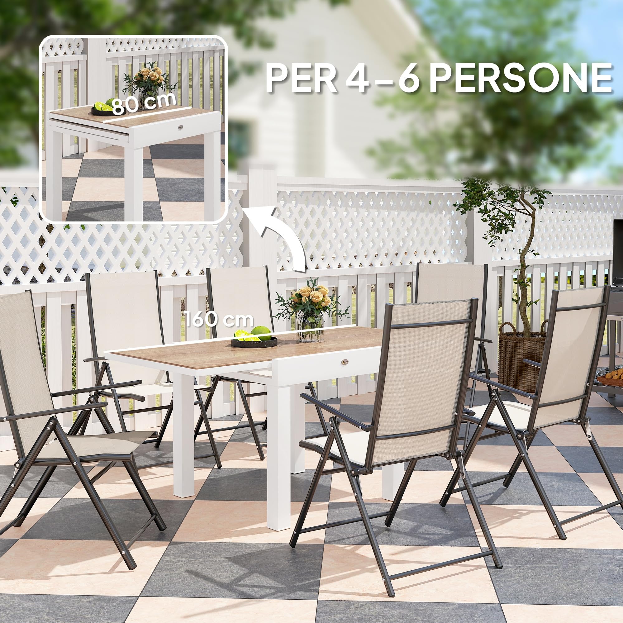 Outsunny Tavolo da Giardino Allungabile da 80/160x80x75 cm, Tavola da Pranzo Estensibile per 4-6 Persone Rettangolare in Alluminio con Piano in PSPC, Per Patio, Terrazzo, Balcone ed Esterno, Bianco