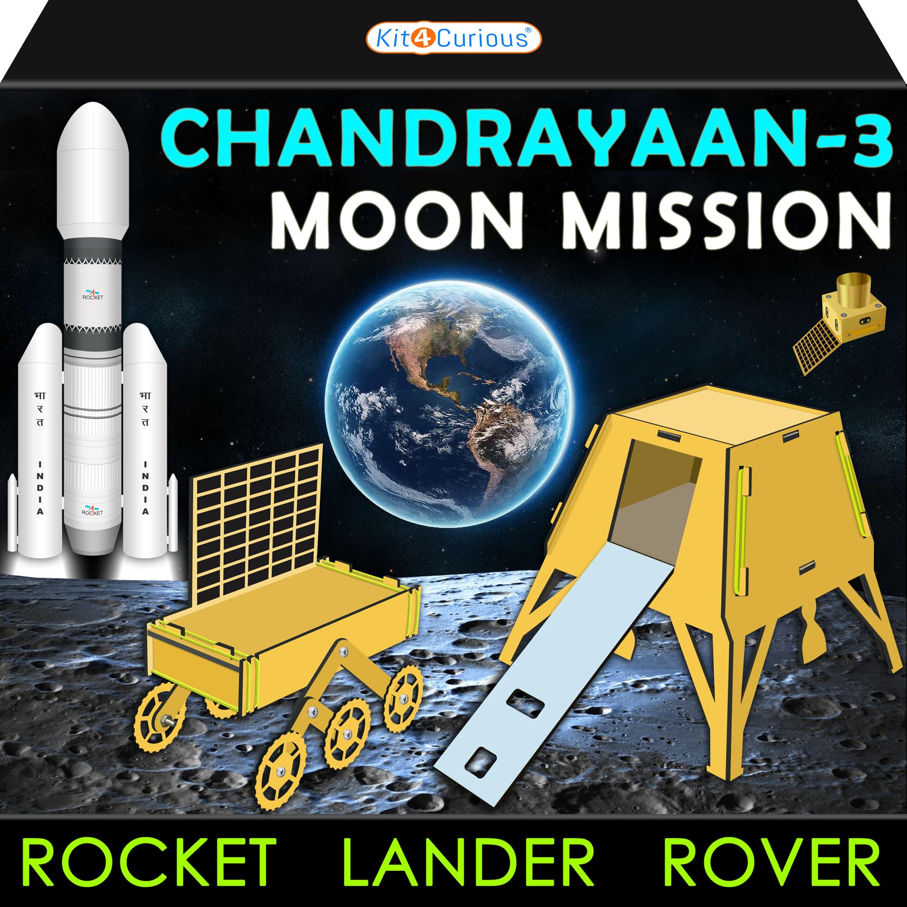 Kit4Curious® Chandrayaan-3 Golden Acrylic Models – Rocket, Lander, Rover, Propulsion Module Making kit – Real Looking Moon Mission Showpiece – Space Astronaut Gift Toy for 5-14 yrs