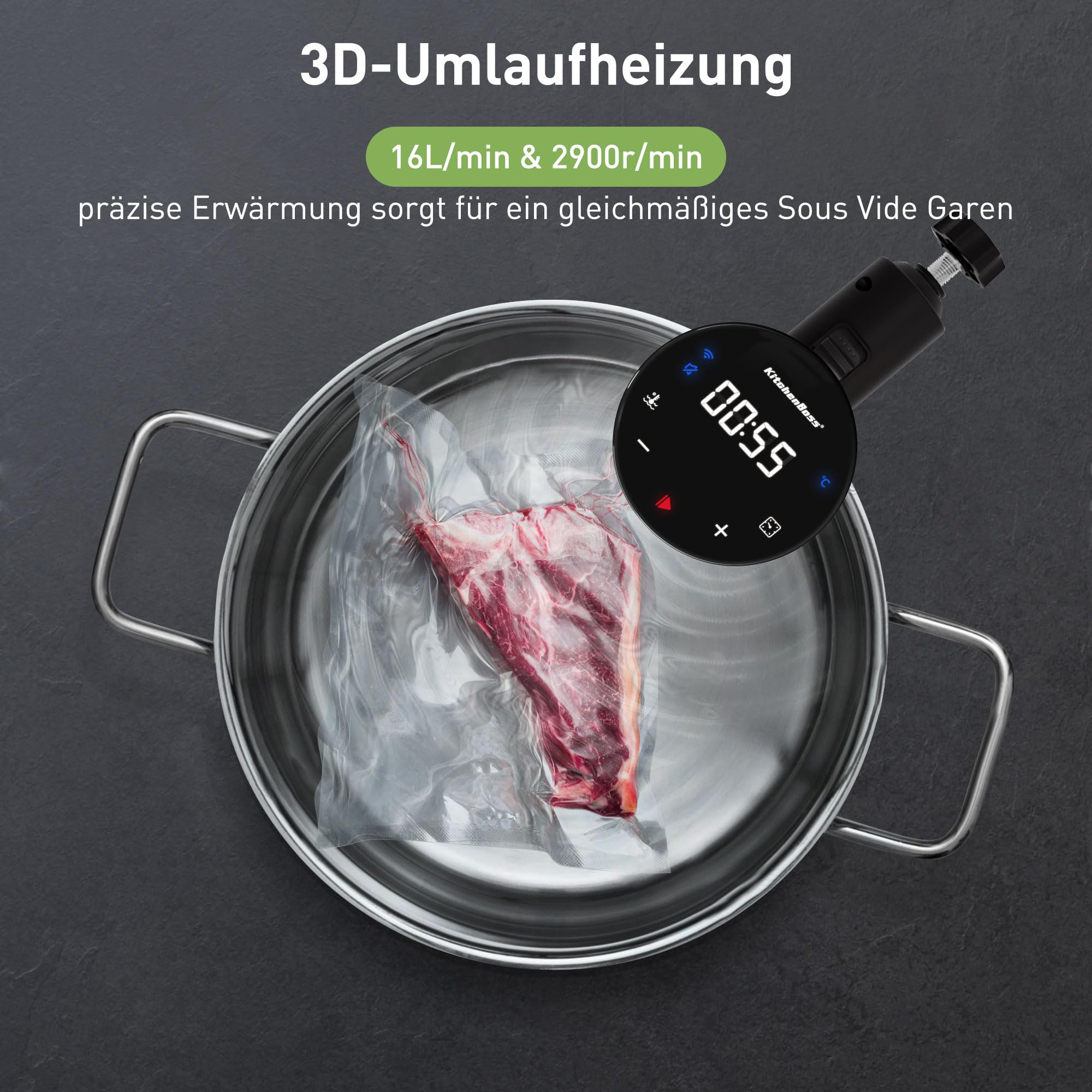 KitchenBoss Sous Vide Stick Garer： 1100W Präzisionskocher Wi-Fi Sous Vide Stick App-Steuerung Sous Vide Stab Zirkulation 40℃-90℃ IPX7 Wasserdicht LED Touch Display Ultra-leise Tauchzirkulator