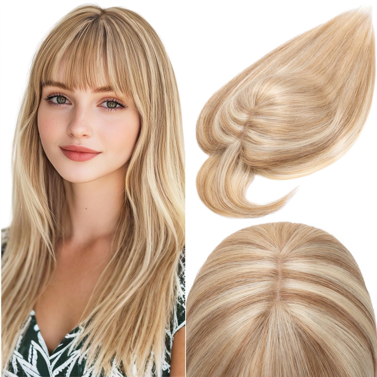 Photo 1 of Rich Choices 100% Real Human Hair Topper with Bangs - Real Remy Hair Topper for Women Thinning on Top, 5.1x2.7 Inch Clip In Silk Base Hair Piece 10 Inch #4P27 Medium Brown Highlight Dark Blonde