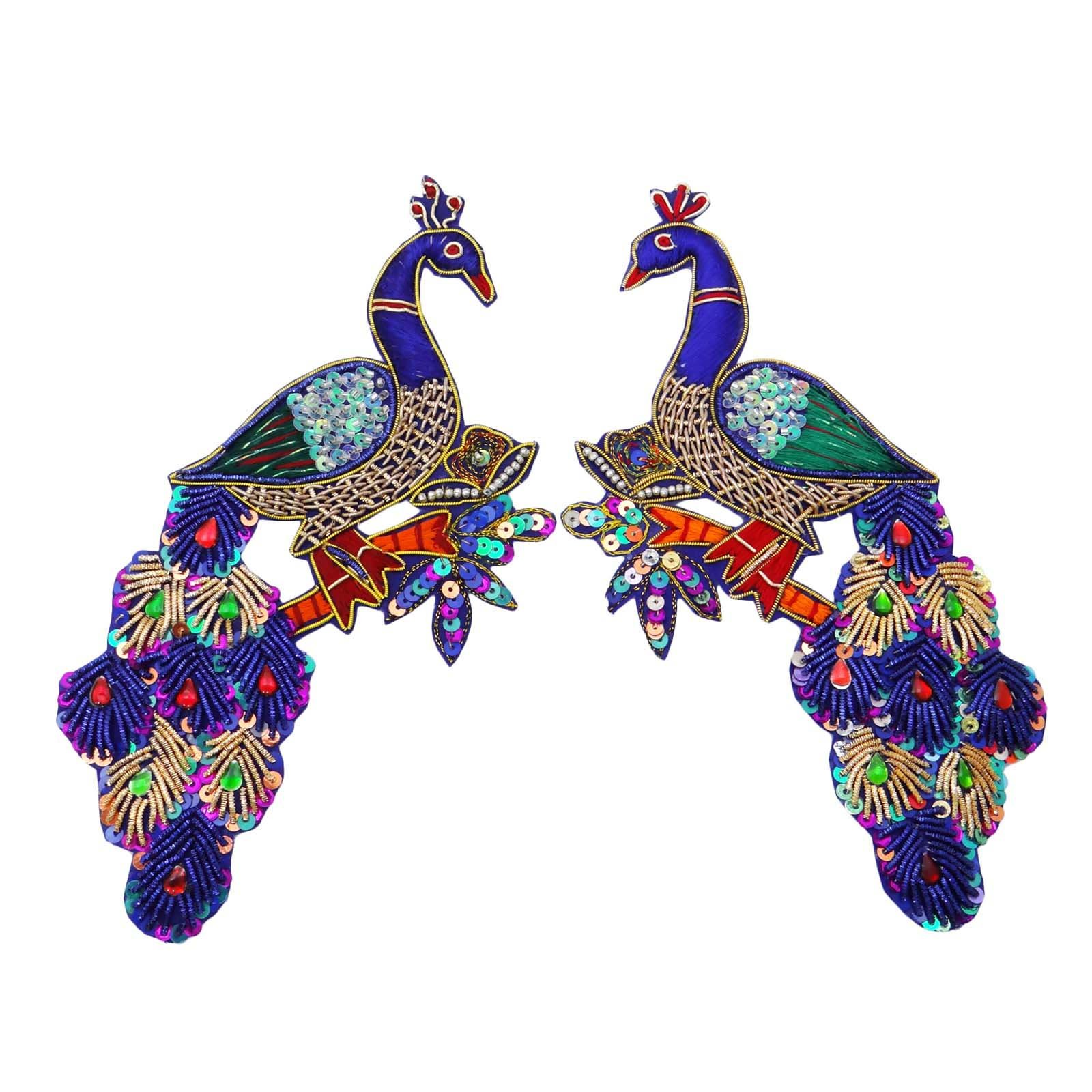 IBA Indianbeautifulart Large Blue Peacock Applique Sequin Beaded Bullion Patch Sew On India 2 Pcs
