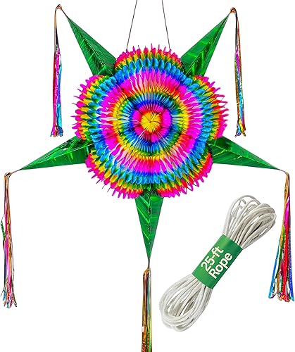 Piñata extra grande del Cinco de Mayo, piñata de estrella mexicana multicolor arcoíris con 5 conos verdes y cuerda de 30 pies incluida, soporta