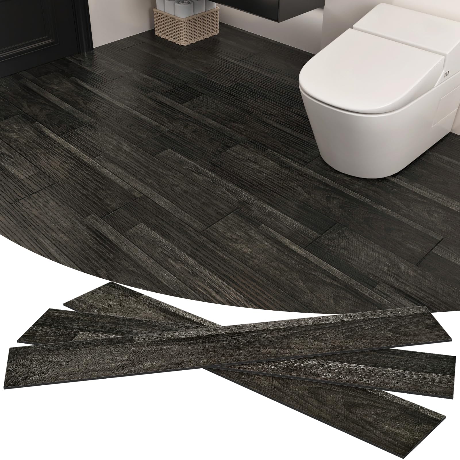 WESTICK Suelo de tablones de vinilo de madera oscura de 6 x 36 pulgadas, azulejos de madera marrón para despegar y pegar, azulejos de vinilo impermeables para baño, sala de estar, dormitorio, cocina