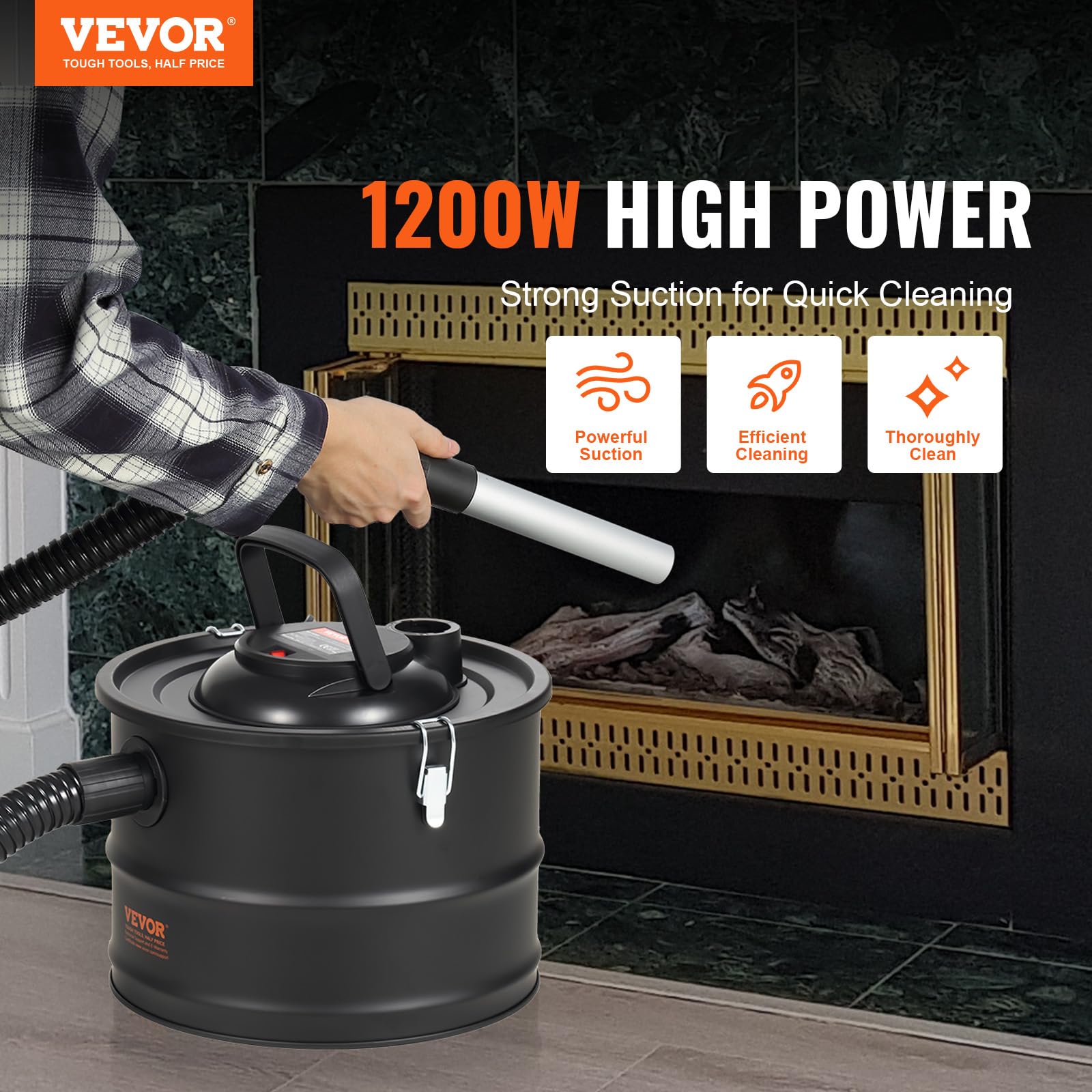 VEVOR Aspirador de Cenizas, 15 L, Potente Succión de 1200 W, con Succión Inversa, Cable de Alimentación de 3 m, 16 kPa de Aspiración Máxima, para Chimeneas, Estufas de Pellets, 320 x 315 x 250 mm