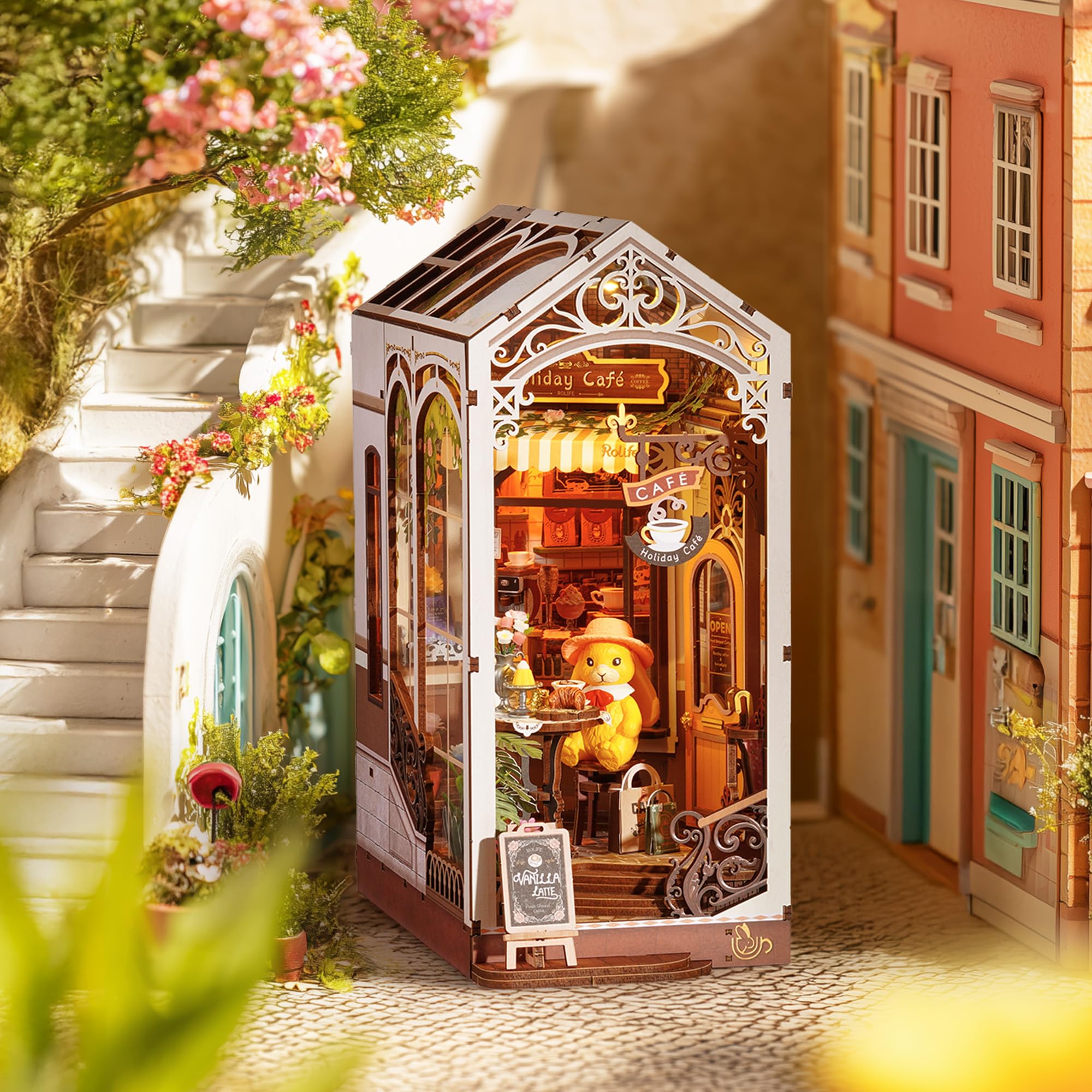Rolife Book Nook Kit for Adults DIY Miniature Kit with Lights Holiday Café Booknook Model Kits for Adults to Build 3D Wooden Puzzle for Desk Library Bookshelf Decoration - Image 3