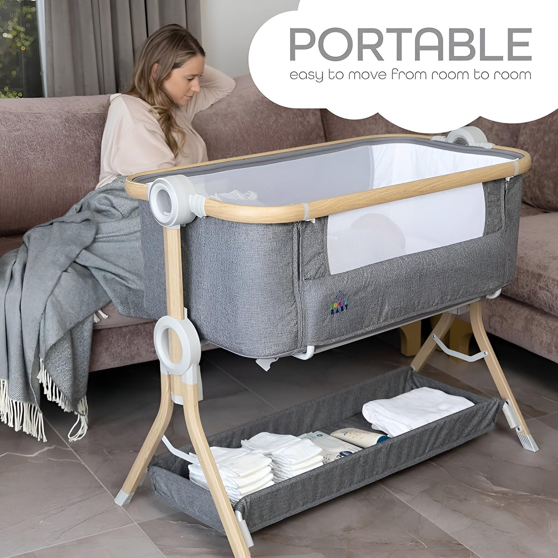 Cubbycoo Multifunctional Movable Baby Crib (Grey) – Portable Foldable Cradle & Splicing Bed for Newborns – Height Adjustable, Breathable Infant Bassinet, Safe & Durable - Image 2 thumbnail
