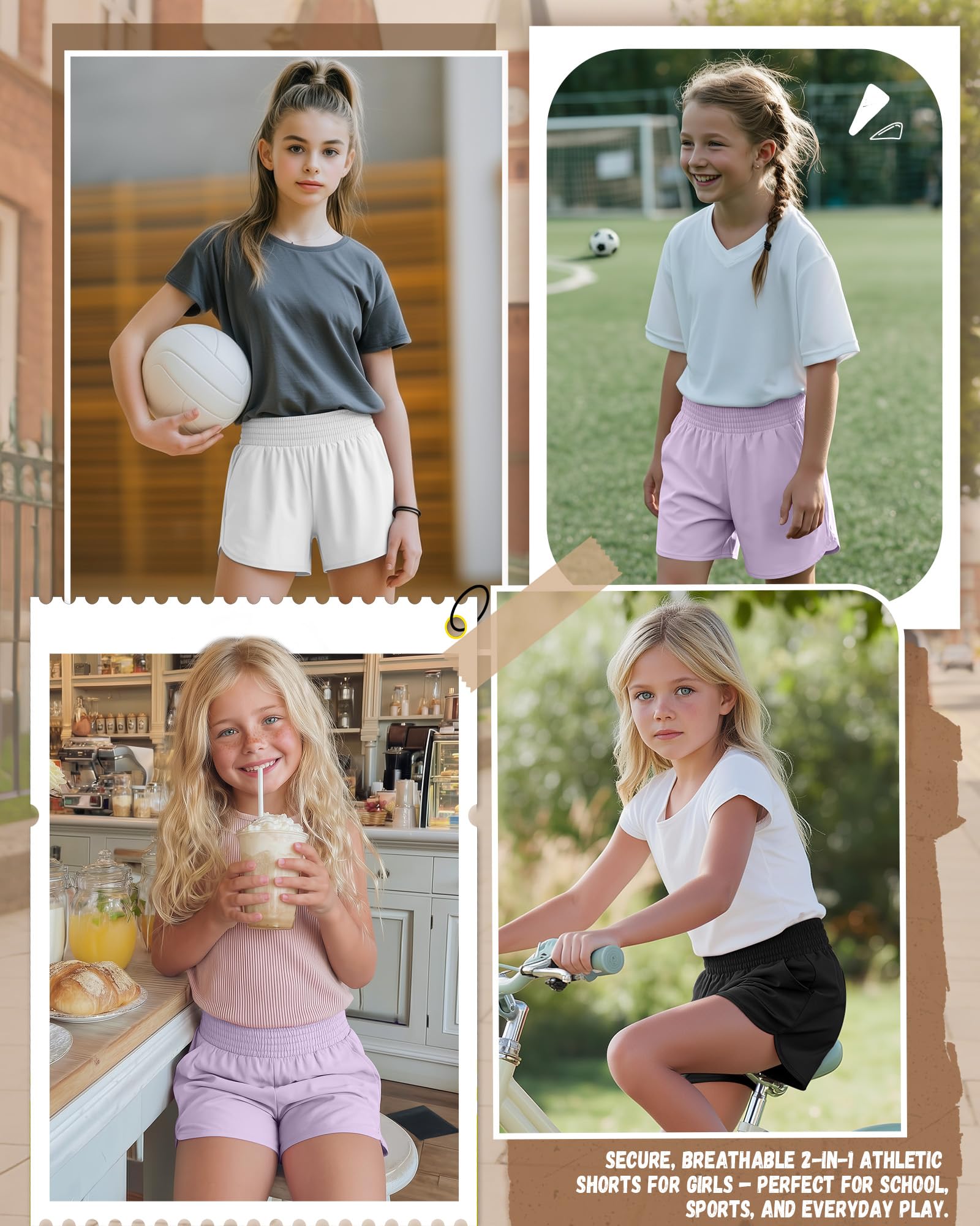 Clabby Confezione da 3 Pantaloncini Sportivi da Bambina con Fodera Interna, Ad Asciugatura Rapida e con Tasche