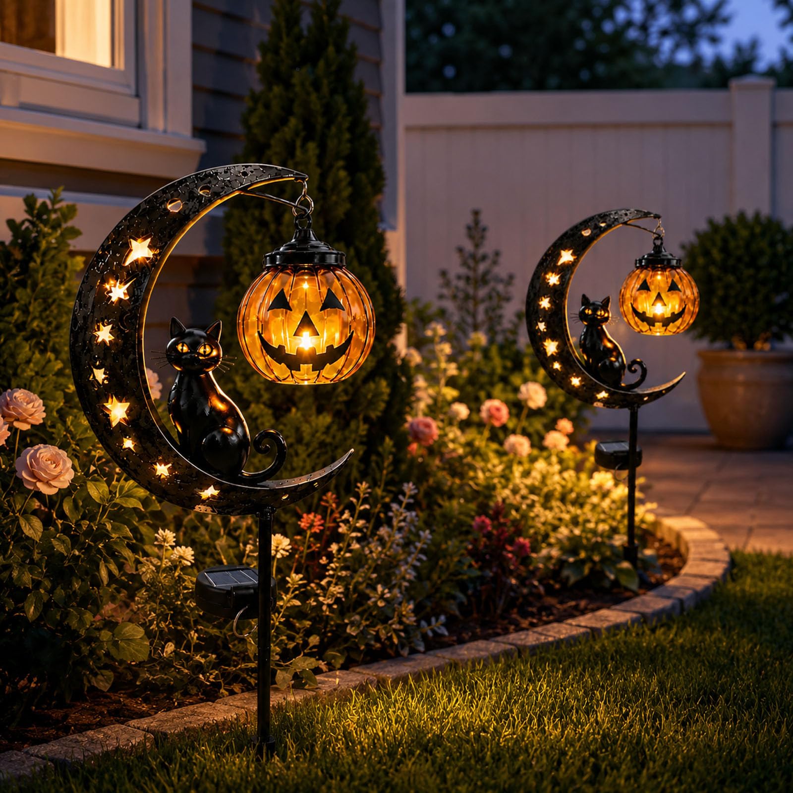 Solar Halloween Black Cat & Pumpkin Moon Garden Stake Light, Outdoor Waterproof Halloween Decoration Pathway Lamp with Crescent Moon, Hanging Pumpkin Lantern for Patio Yard Lawn Decor
