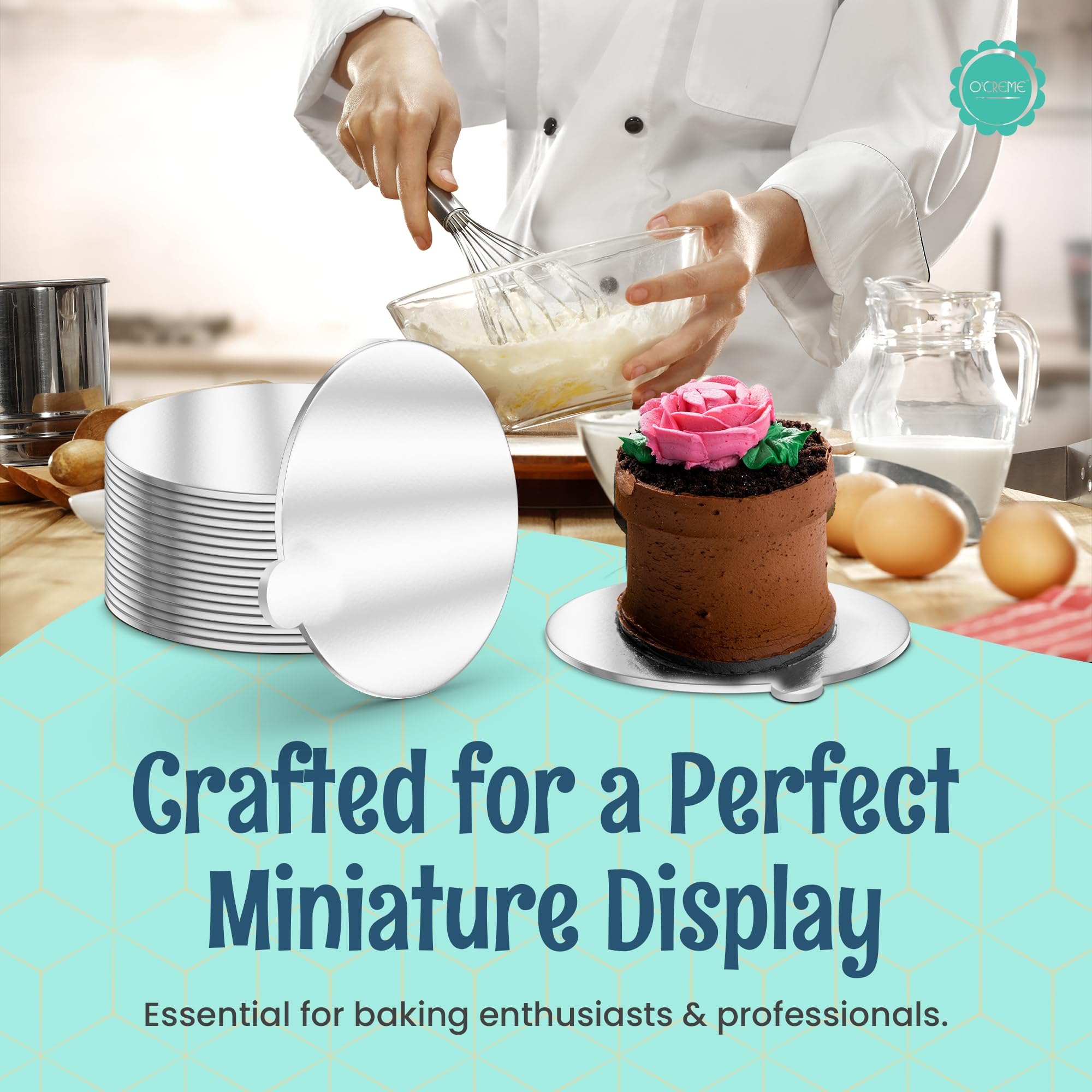 O'CREME Mini tablas redondas plateadas para tartas con pestaña – 4 pulgadas a prueba de grasa, cubierta de aluminio, cartón de grado alimenticio para cupcakes, pasteles, postres, ideal para bodas,