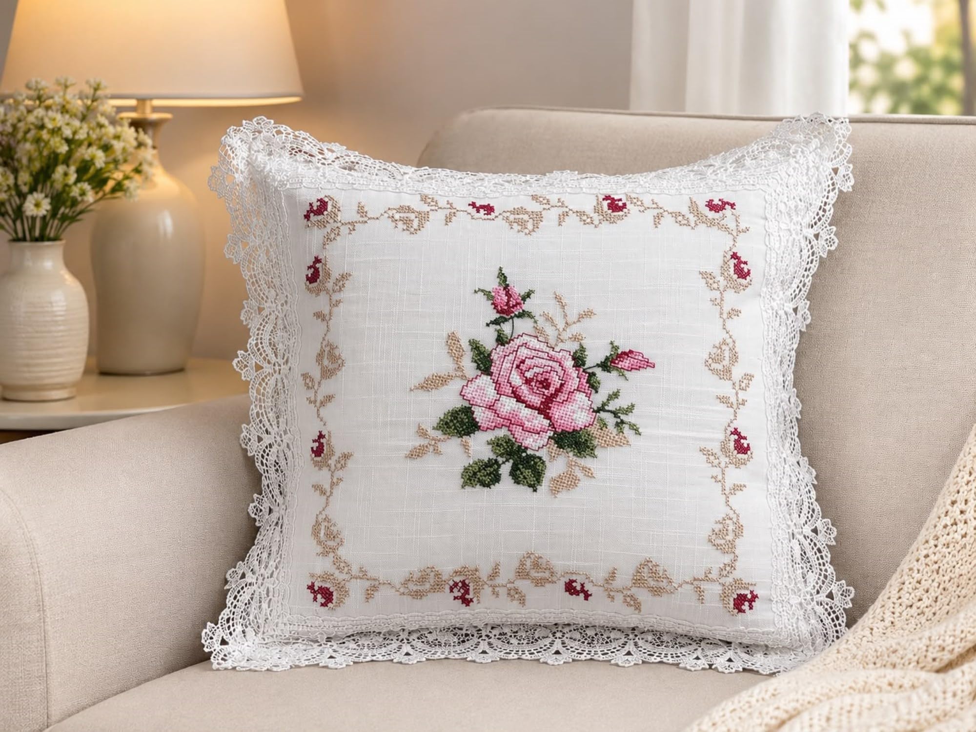 MONKDECOR Decorative Floral Embroidered Cushion Cover 16x16 Inch, Lace Edge Throw Pillow Cover, Linen Texture, Hidden Zipper, Farmhouse Home Decor for Sofa Couch, Pink Flower on White (Pack of 1)-picture-33