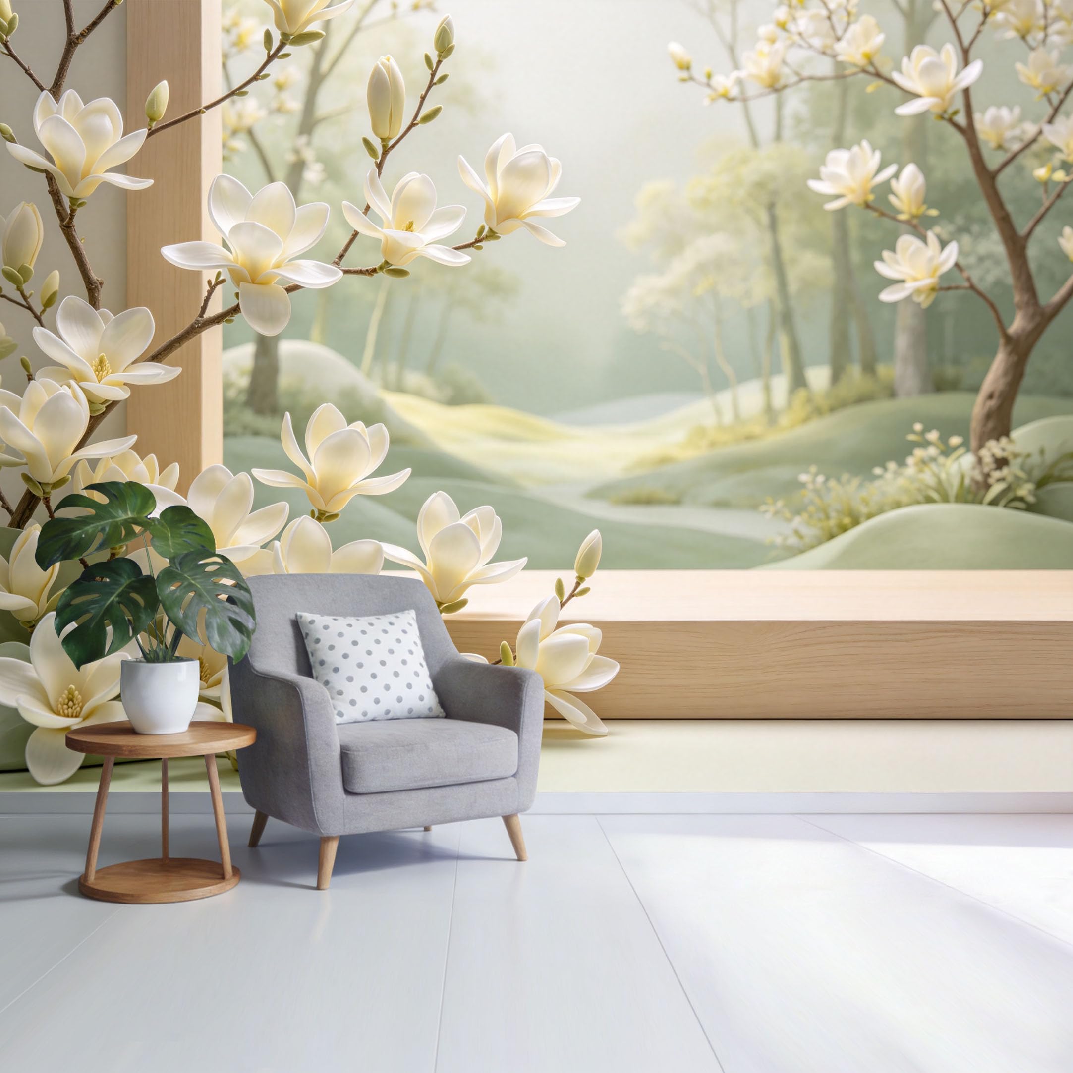 Custom Size Wall Mural White Magnolia Flowers Forest Landscape Botanical Watercolor Style SelfAdhesive Wall Fabric Removable Wallpaper for Home Office Decor