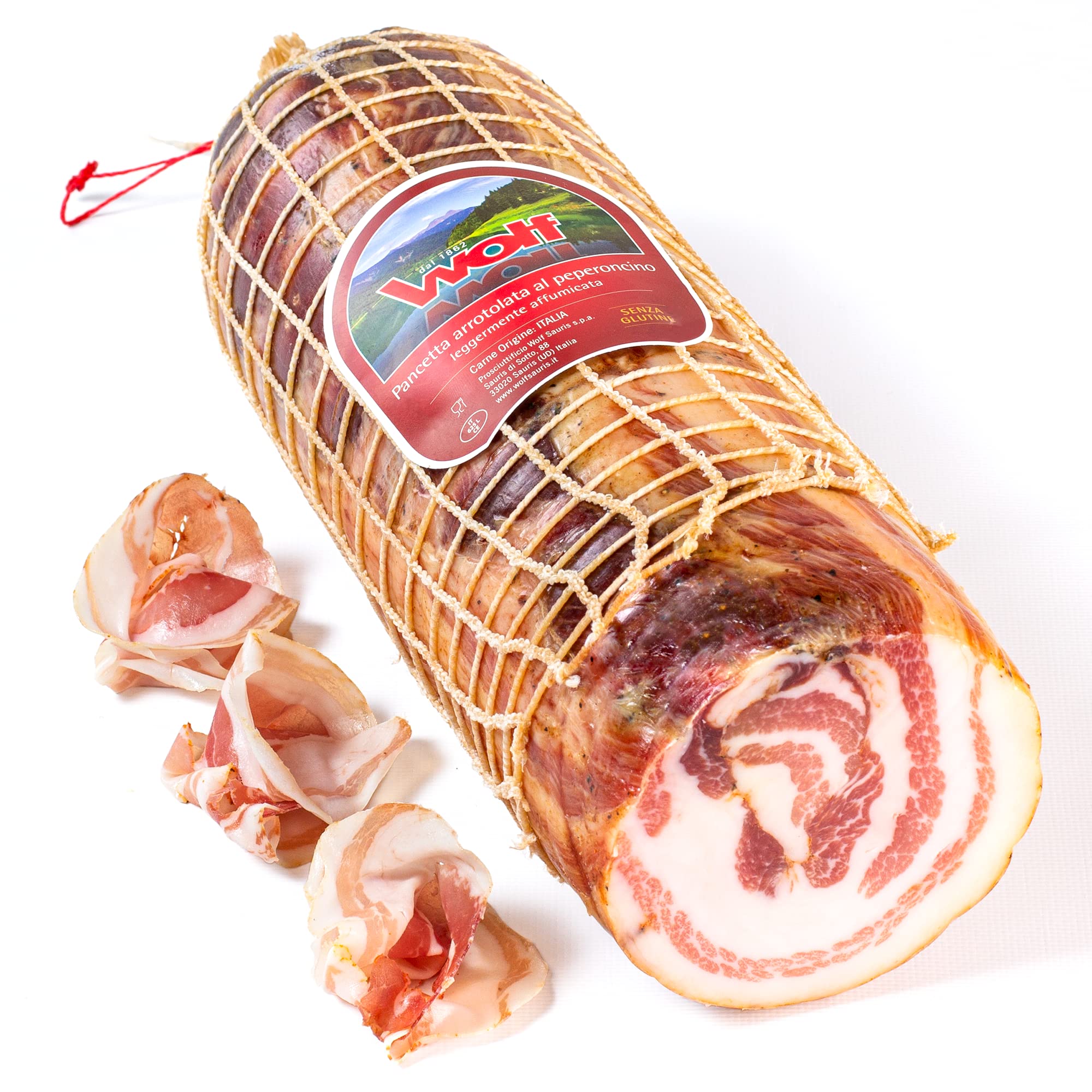 Wolf, Pancetta Arrotolata al Peperoncino, Trancio, Leggera Affumicatura con Legno di Faggio, 100% Carne da Allevamenti Italiani, Senza Glutine, Sottovuoto, 1 kg (min. netto garantito)