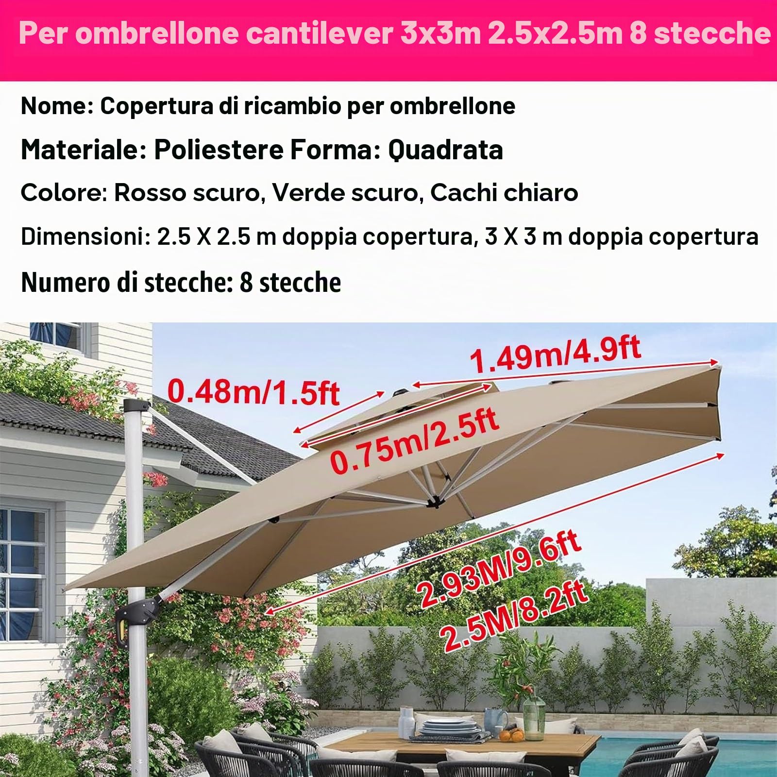 Baldacchino Di Ricambio 8 Stecche Telo Di Ricambio Per Ombrellone A 2 Livelli Da Patio Quadrato 3x3m 2.5x2.5M, Copertura Per Ombrellone Da Tavolo Impermeabile E Resistente Per Esterni(Dark-Green,2.5x2