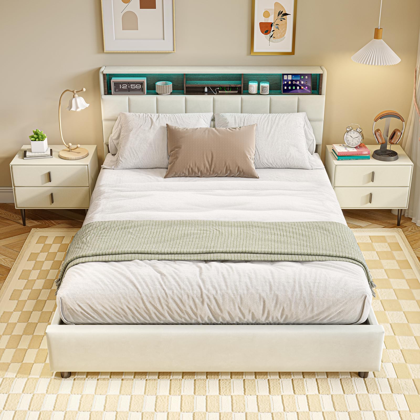 Camas Matrimoniales 160x200 con Luces LED y USB C, Cama Tapizada en Terciopelo con 4 Cajones y Cabecero Almacenaje Multifuncional,Somier Madera,Marco metálico,para Todas Las Edades(Beige-500KG