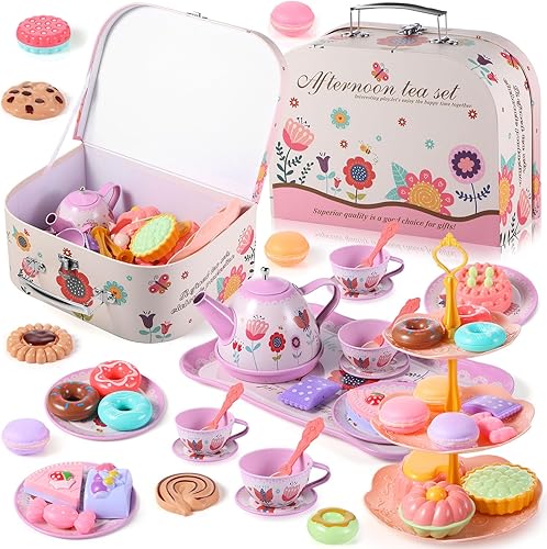 Lewtemi Juego de 46 piezas de fiesta de té para niñas pequeñas, juguete de simulación de té de princesa, juego de cocina para niños, juego de fiesta
