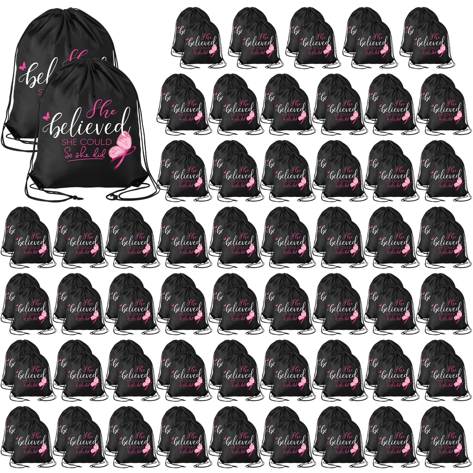 Photo 1 of Sweetude 108 Pcs Breast Cancer Awareness Backpack with Pink Ribbon Drawstring Backpack Draw String Back Bag Sport Sack Pack (Black, She Believed) She Believed Black