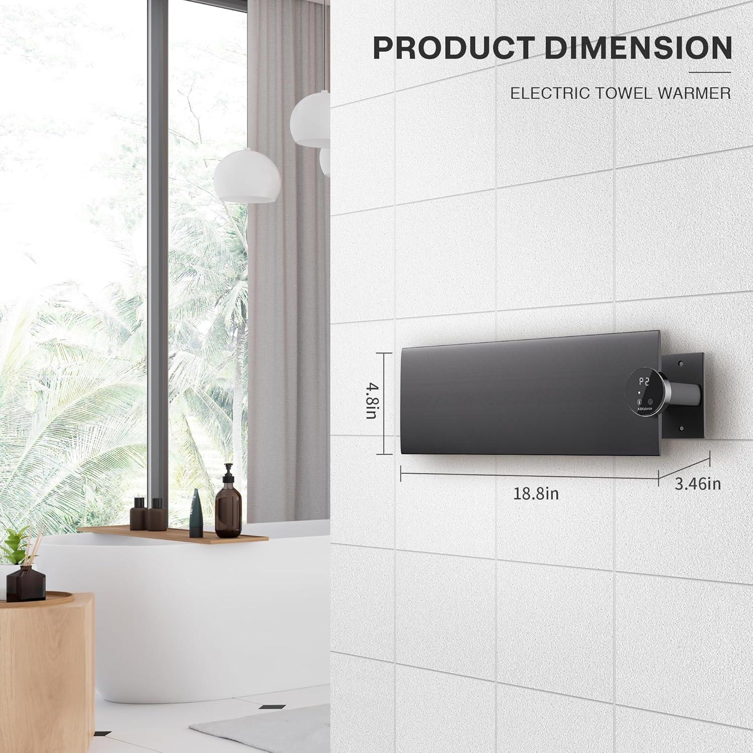 K&KALONZO Electric Towel Warmer, 18.8" W x 4.8" H Wall-Mounted Towel Heater with Built-in Timer, Waterproof Aluminum Towel Warmer for Bathroom, Support Plug-in and Hardwired, Black, K1-R-B