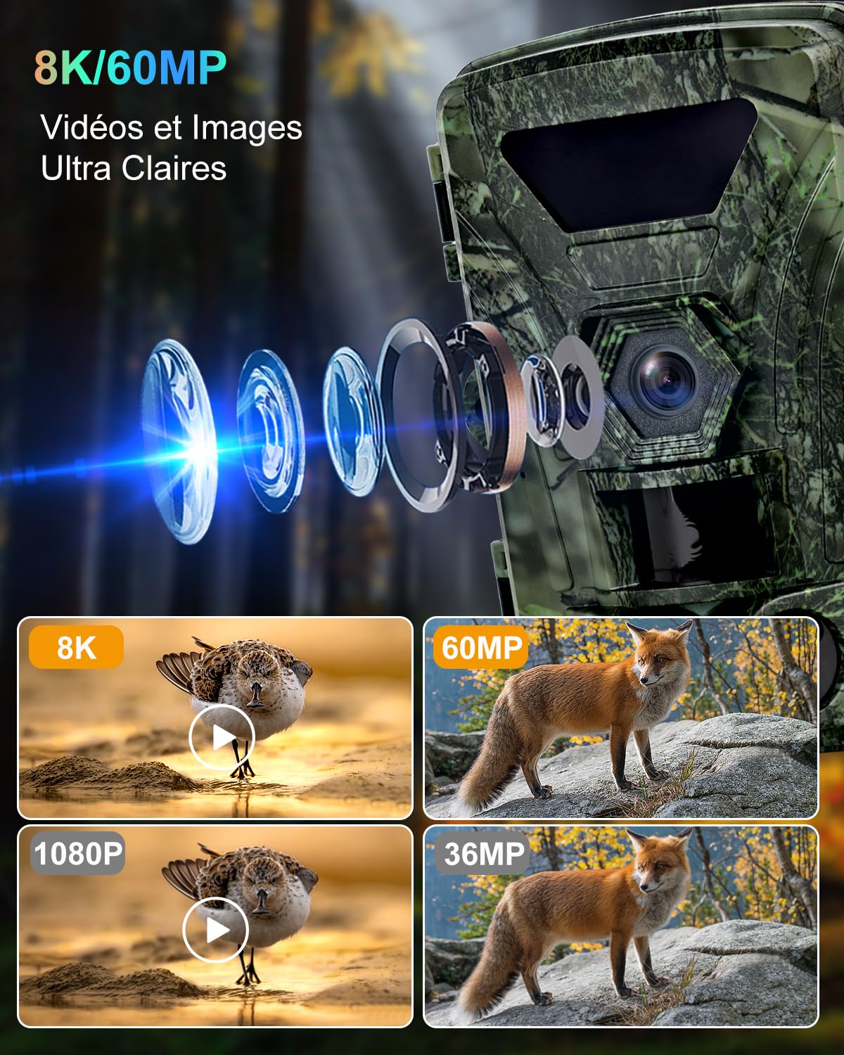 Camera de Chasse, Camera Chasse WiFi 8K 60MP, 120 ° Piege Photographique Infrarouge Détecteur de Mouvement, Vision Nocturne Caméra IR pour Animaux Sauvages avec Carte SD 32GB