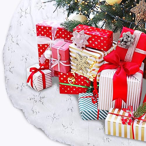 Miniatura 8 de Falda de árbol de Navidad  48 pulgadas, falda de árbol de piel sintética blanca nevada grande con patrón de nieve plateado para decoraciones de