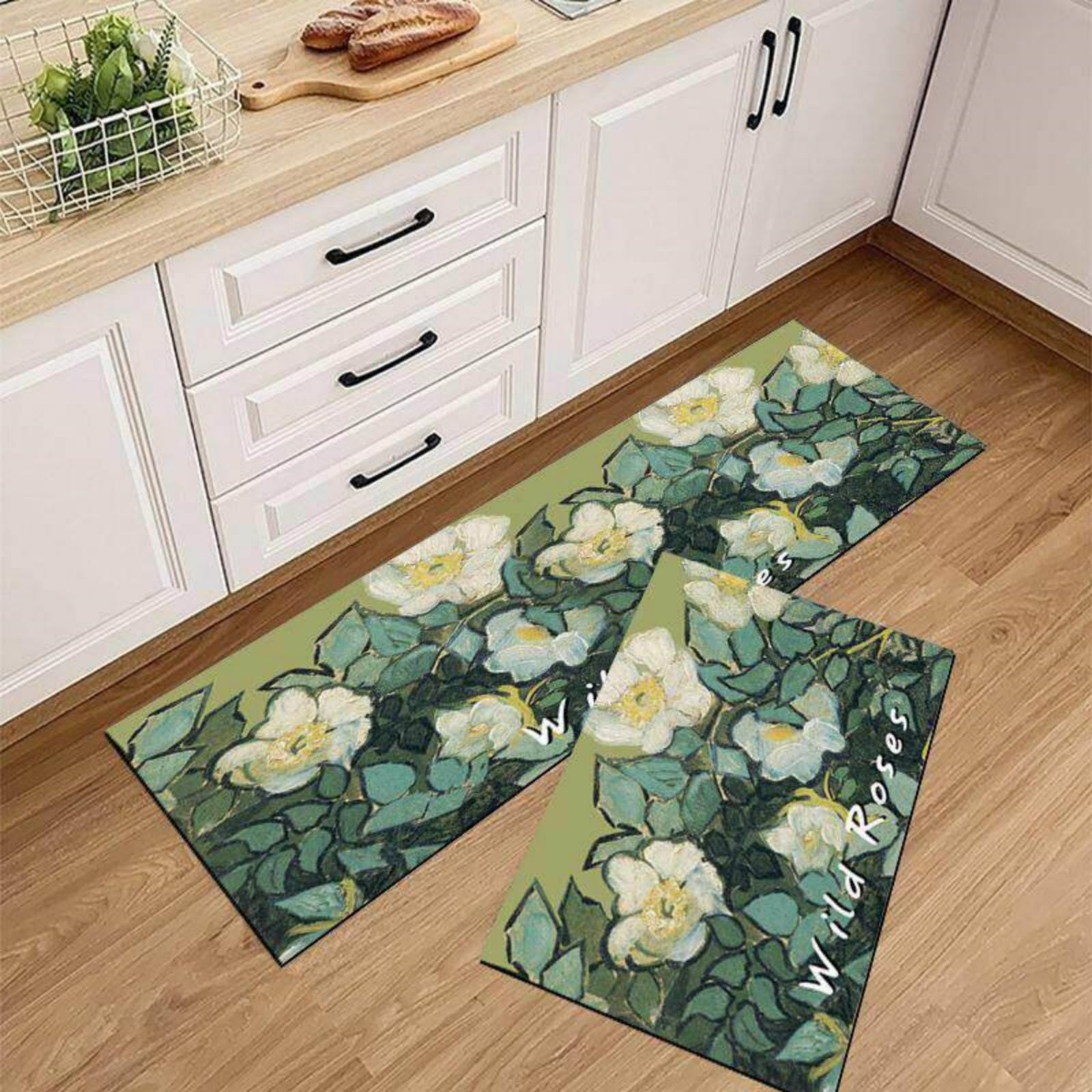 Tappeto Cucina 40X60Cm+40X120Cm Bianco Verde Tappeto Cucina Antiscivolo Lavabile Set Di 2 Pezzi,Tappetino Multiuso In Pelle,Comodità E Resistente,Per Ingresso,Camera,Bagno