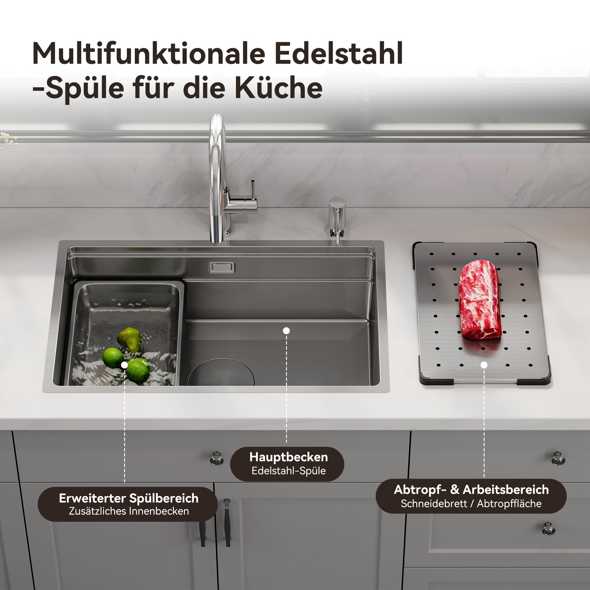 HOROW Spülbecken Edelstahl Multifunktionale 70 × 45 cm mit Siphon Set | Küchenspüle inkl. Schneidebrett und Ersatz-Innenspüle, Großes Fassungsvermögen, ideal für die Familienküche, Schmutzabweisend