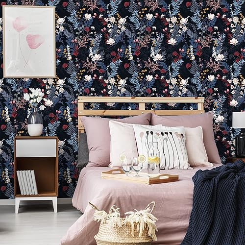 Miniatura 2 de VEELIKE Papel tapiz botánico negro para despegar y pegar, papel tapiz floral negro para dormitorio, baño, papel tapiz de 17.7 x 118 pulgadas, papel