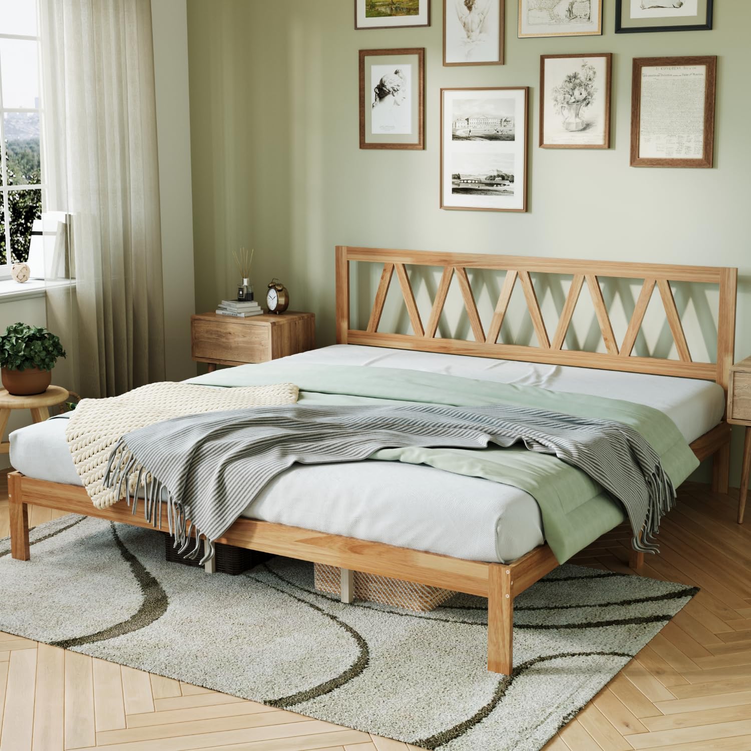 Novilla King Bed Frame Wood King Bed Frame and Headboard, King Size Bed Frames with Headboard Solid Wood BedFrame Foundation with 8.5 Inch Space