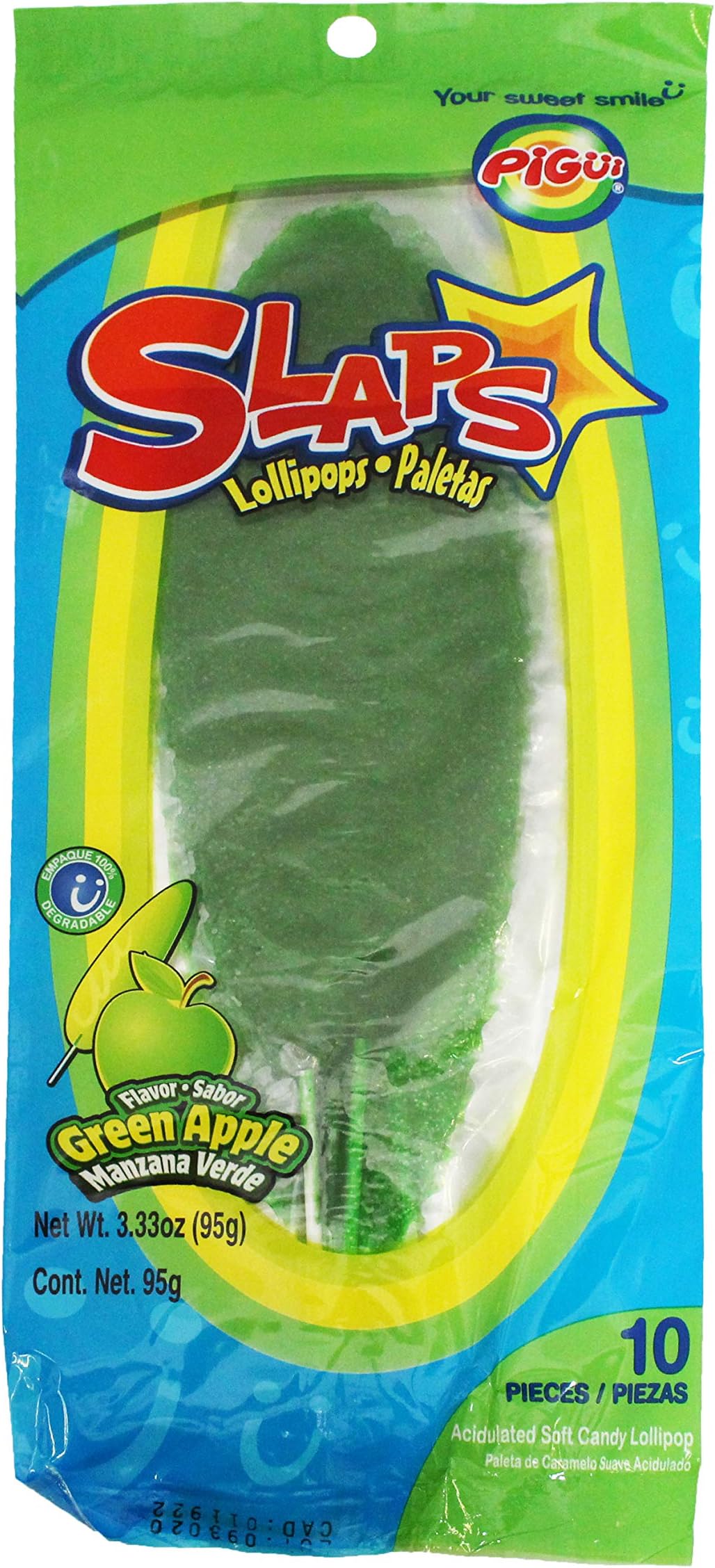 Dulces Pigui Slaps Green Apple Flavor Paletas Mexican Candy (10 Lollipops)