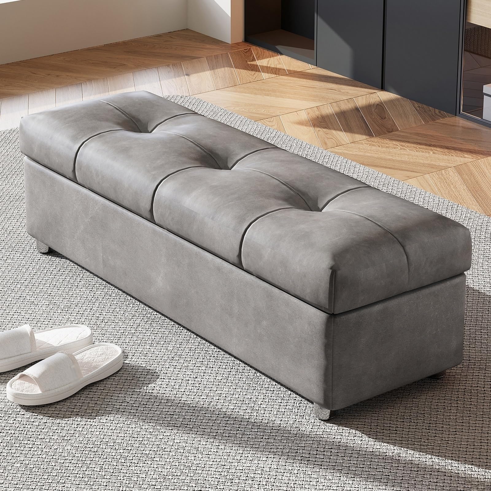 Banco otomano tapizado de piel sintética gris oscuro de 39.4 pulgadas, reposapiés para dormitorio, sala de estar, entrada, asiento elegante y funcional al final de la cama