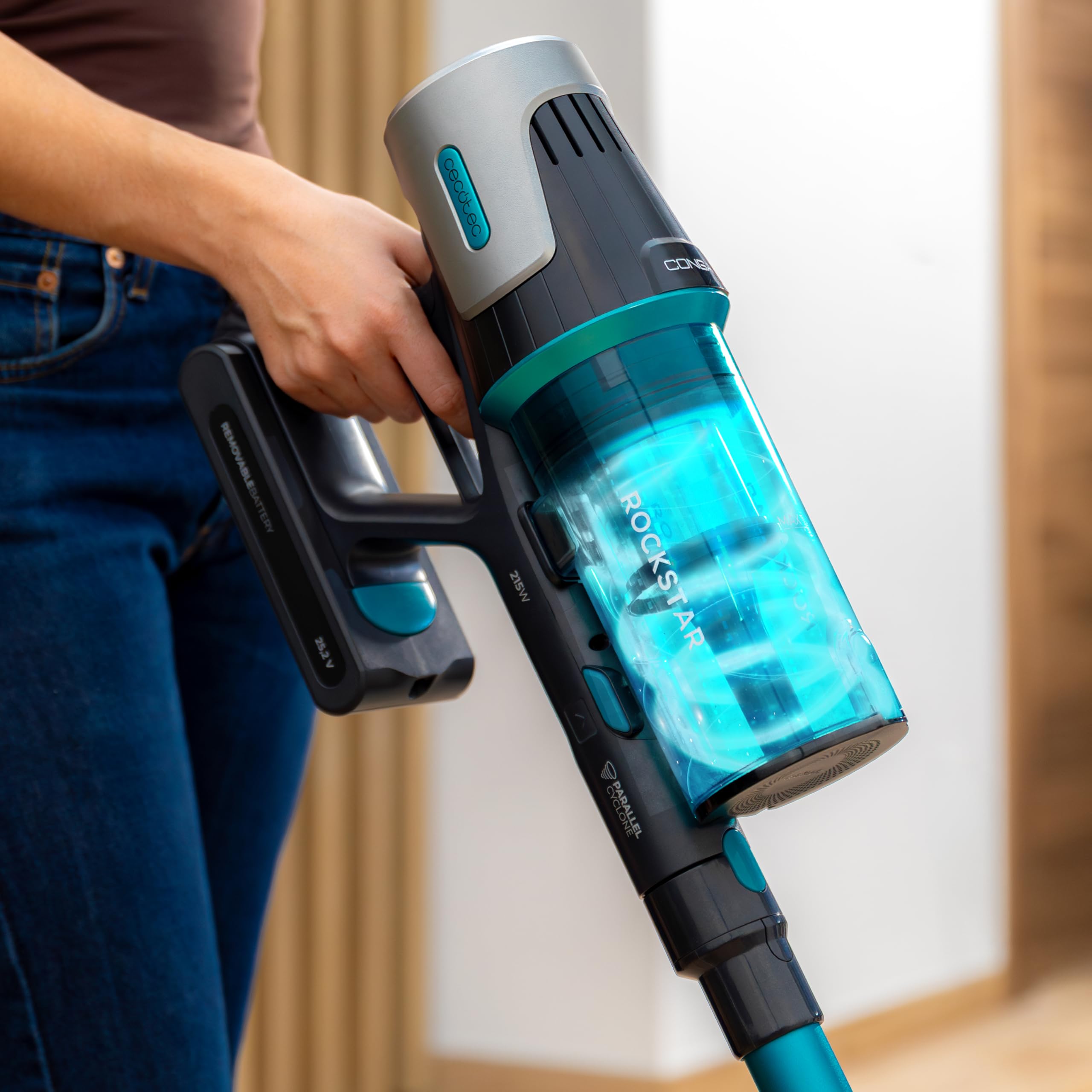 Cecotec Scopa Elettrica Senza Fili Conga Rockstar 1500 Horizon Genesis XL. 215W Potenza Totale, 45 min Autonomia, Spazzola Mista, 2 Modalità di Aspirazione, Parallel Cyclone System, Serbatoio 600ml