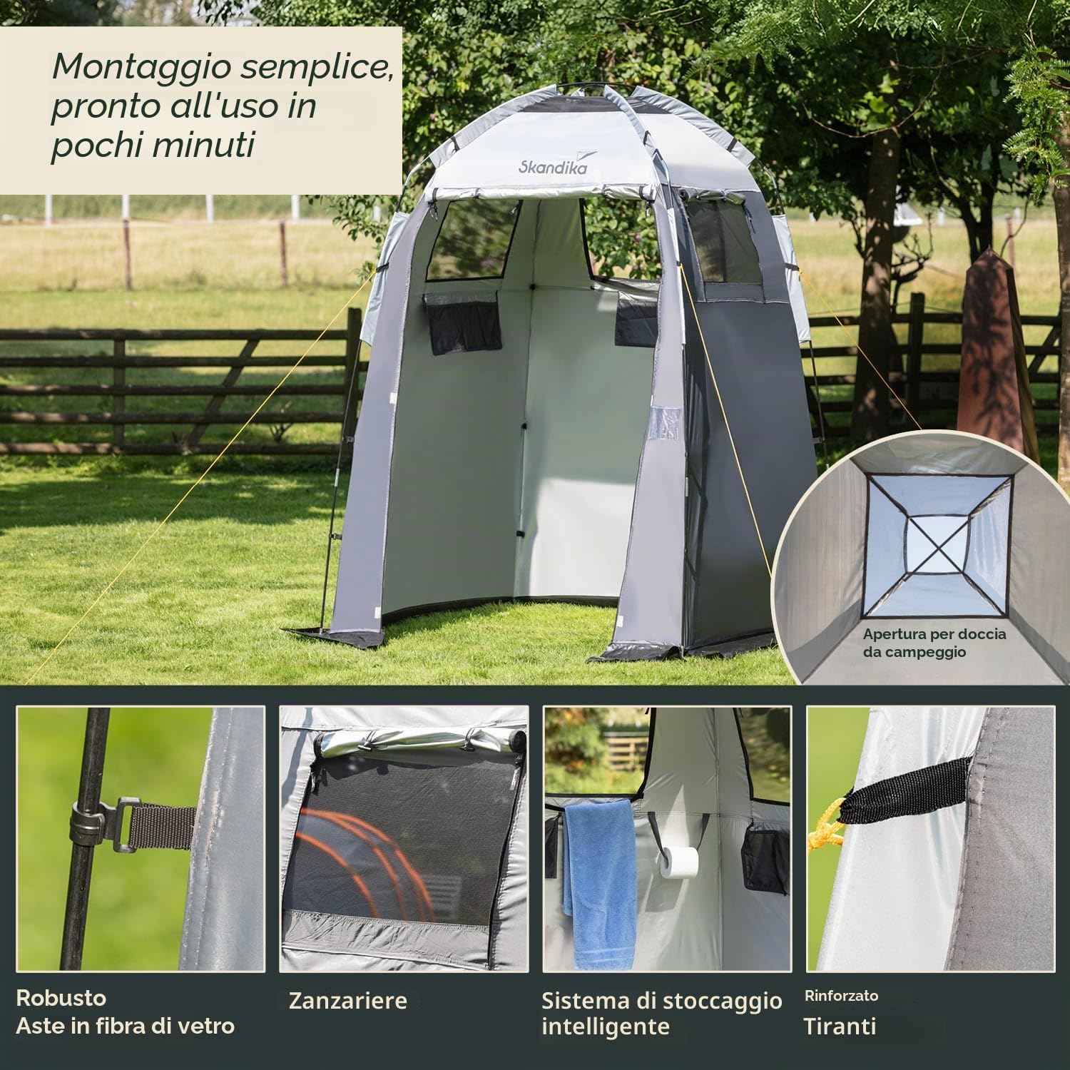 Tenda doccia da campeggio Skandika | altezza di 230 cm, rivestita d’argento, opaca, pavimento separato, 3 finestre copribili