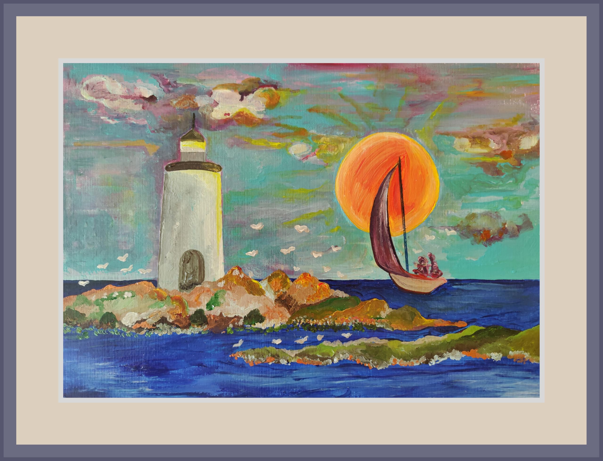 Generico Cuadro de playa pintado a mano con marco 50 x 40 cm, vista marina con faro y barco, cuadro decoración casa oficina