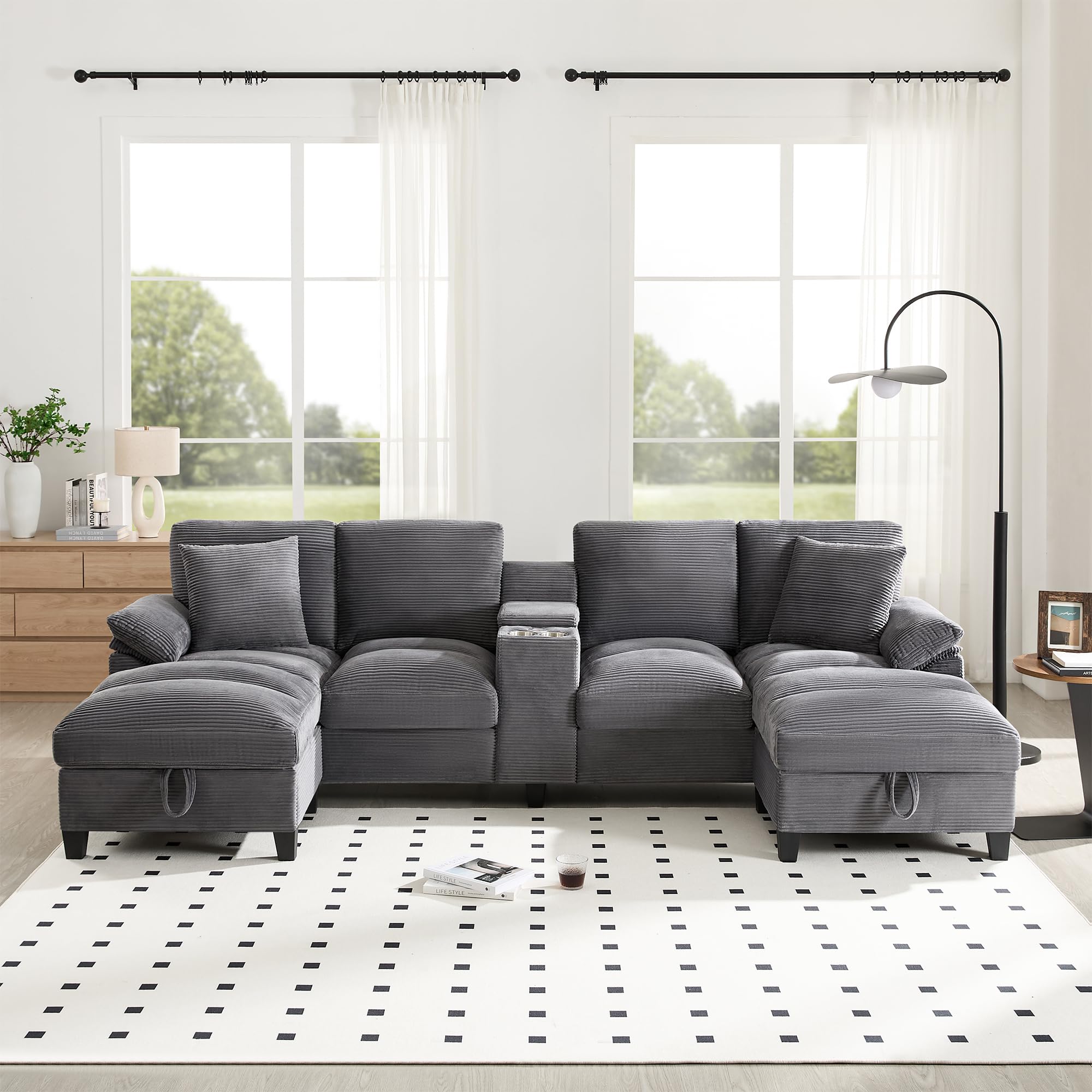 Sofa modułowa w kształcie litery U, 293 cm, z miejscem do przechowywania i USB – 4-osobowa sofa sztruksowa z uchwytem na napoje, szara – przytulna rodzinna sofa do salonu z funkcją spania dla