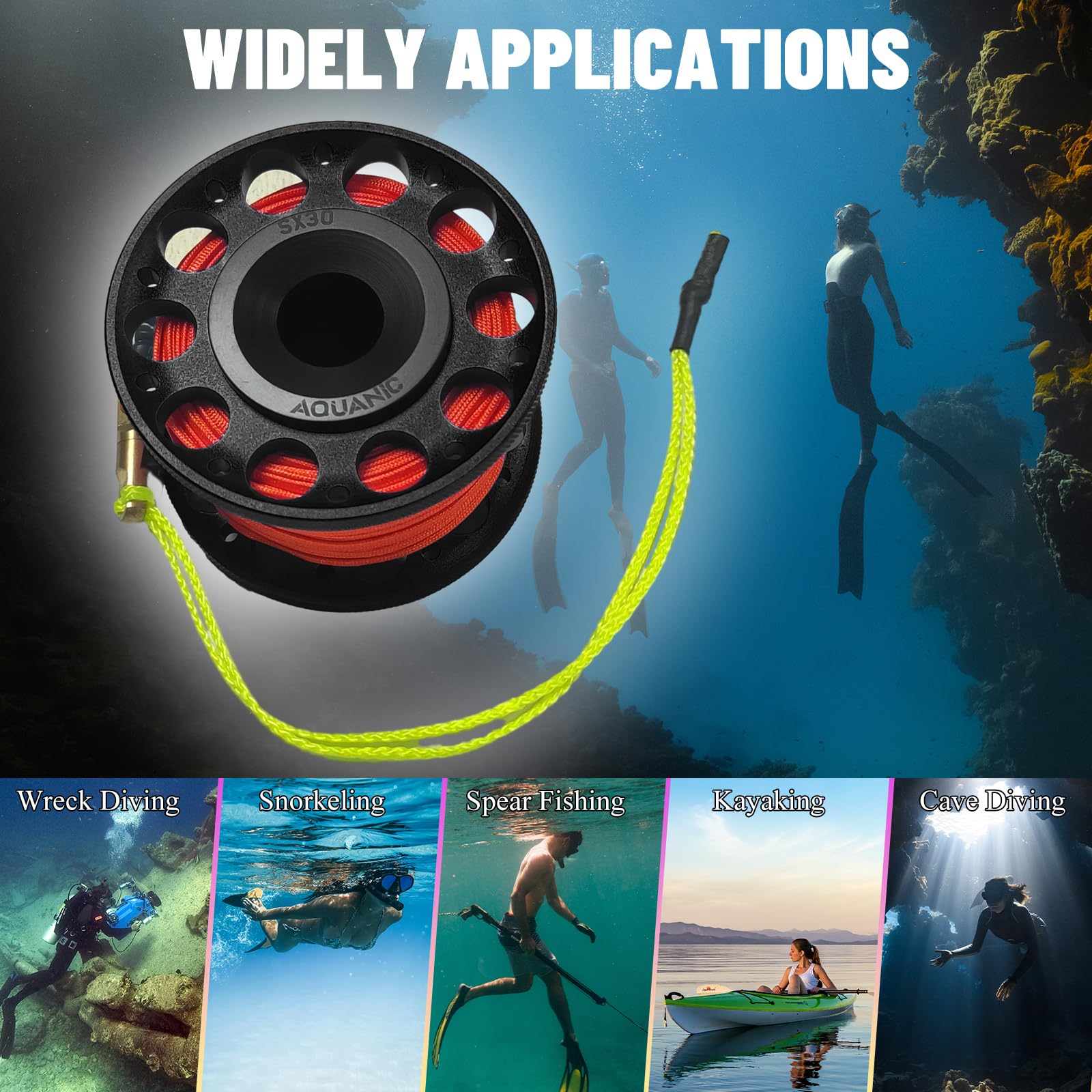 Nitescuba Mulinello per Immersioni Subacquee 25 m Alluminio Clip a Scatto Doppia Estremità