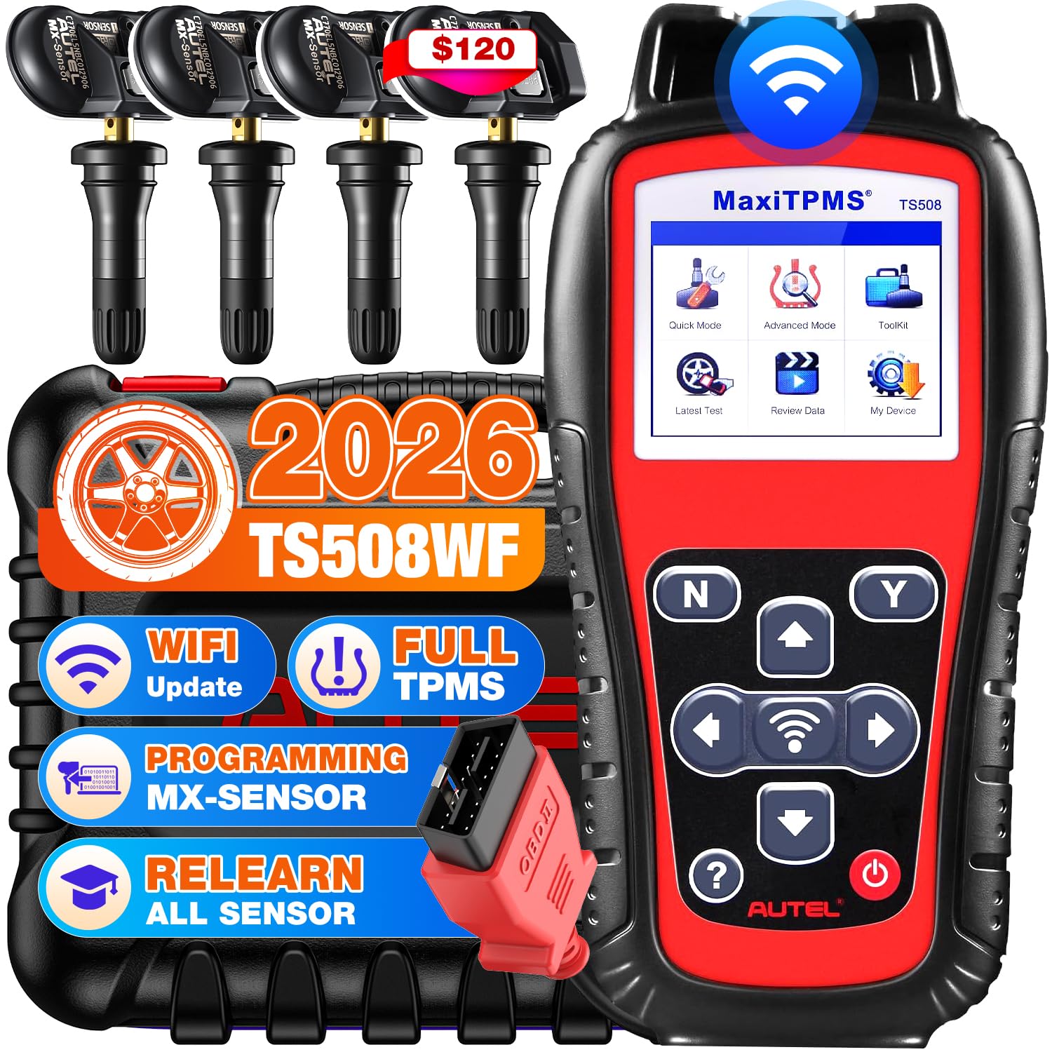 MaxiTPMS TS508WF KIT, 2026 TPMS Programming Relearn Tool with 4PCS Autel MX-Sensor ($120), WiFi Ver. of TS601 TS508 TS501 PRO, Relearn/Activate TPMS Sensors, TPMS Reset, Lifetime Free Update