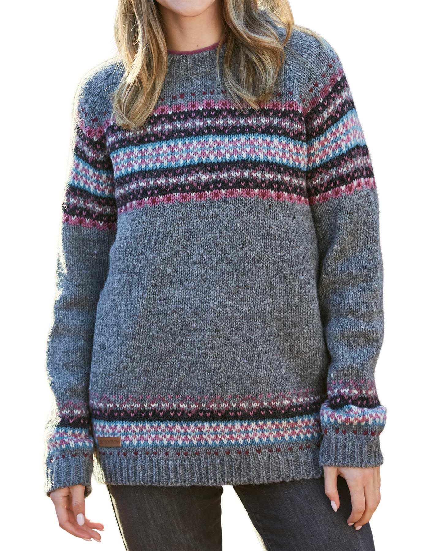 Pachamama Maglione da donna in lana fine lavorato a mano tradizionale Dales design a righe grigio multicolore fatto a mano spesso maglione caldo maglione commercio equo e solidale