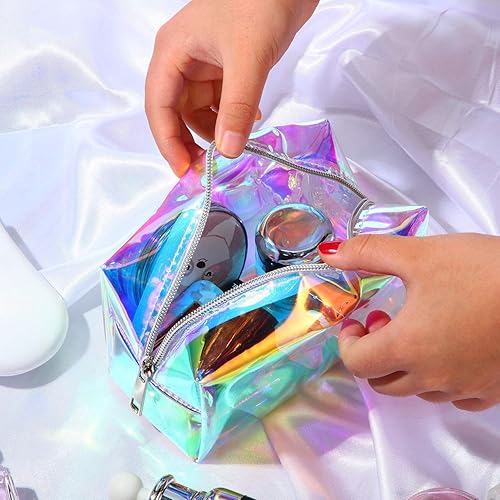 Miniatura 7 de Boao 2 bolsas de maquillaje holográficas iridiscentes transparentes con purpurina, bolsa de cosméticos de viaje, bolsa de aseo con cremallera,