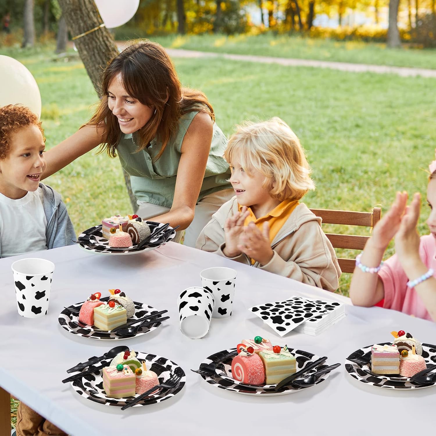 Irenare 280 Pcs Cow Print Birthday Party Supplies Includes Cow Paper Plates and Napkins Cups Spoons Forks Knives Disposable Tableware Serves for Farm Animal Birthday Decor - Image 4
