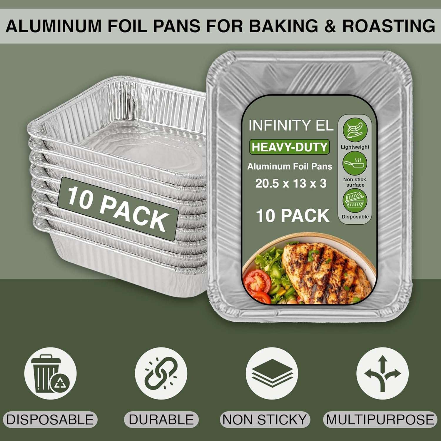 INFINITY EL Disposable Aluminum Foil Pans 10 Pack | Full Size 20.5" x 13" x 3" Deep Disposable Pan, Aluminum Baking Pans | Heavy Duty Foil Pan for Roasting Turkey, Lasagna, Thanksgiving, Christmas